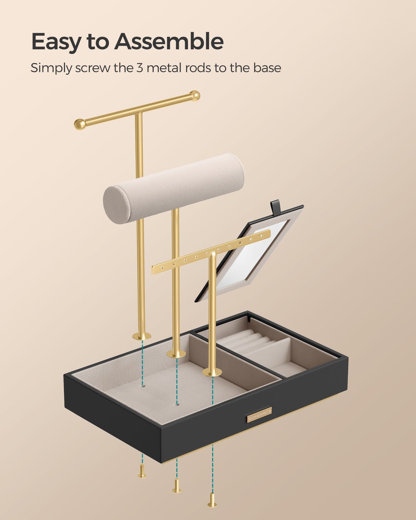 Jewellery Display Stand - Metal - Black - Includes Mirror and Multi-Functional Holders for Earrings