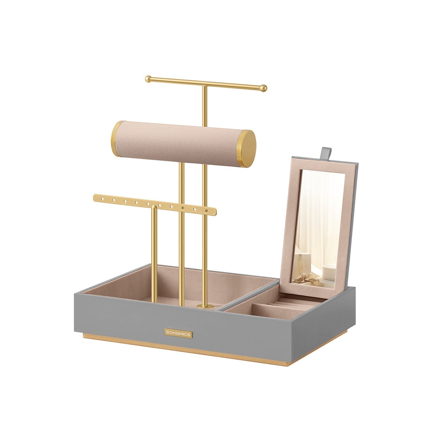 Jewellery Stand - Metal - Dove Grey and Gold - Organiser with Mirror and Earring/Necklace Holders