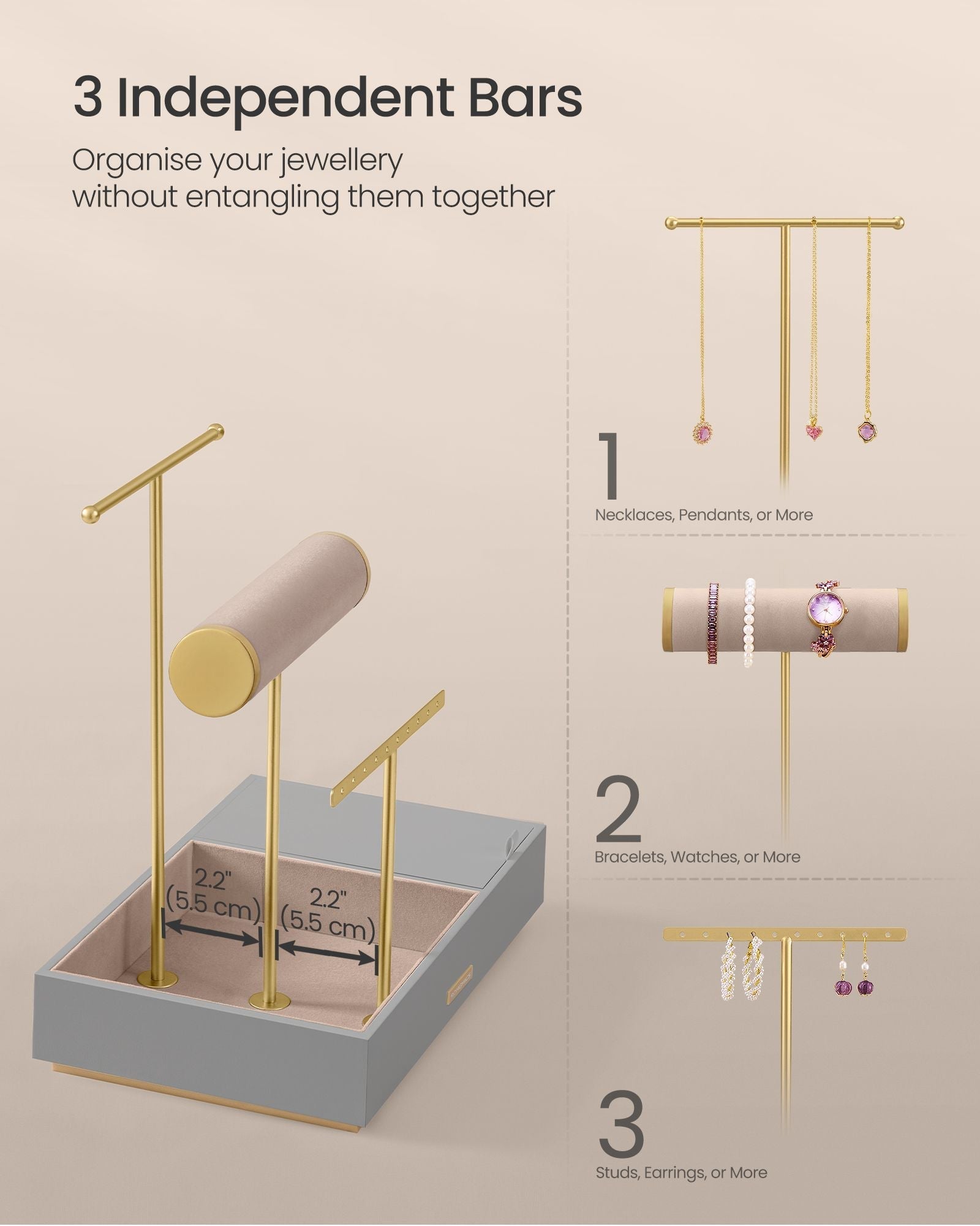 Jewellery Stand - Metal - Dove Grey and Gold - Organiser with Mirror and Earring/Necklace Holders