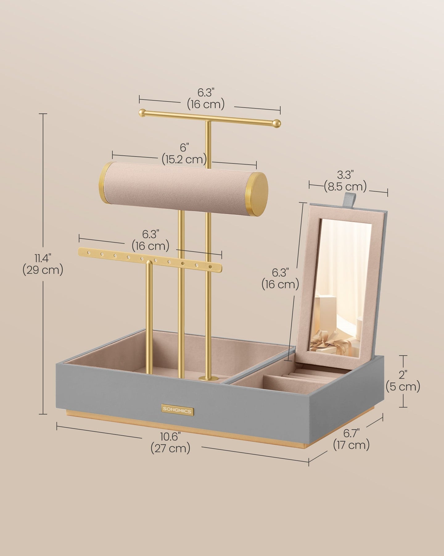 Jewellery Stand - Metal - Dove Grey and Gold - Organiser with Mirror and Earring/Necklace Holders