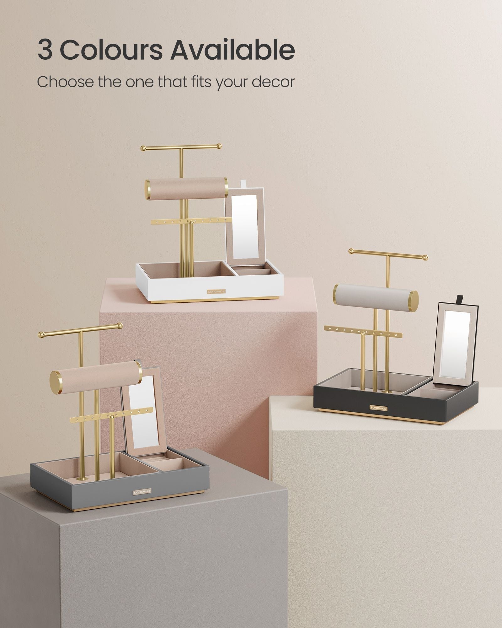 Jewellery Stand - Metal - Dove Grey and Gold - Organiser with Mirror and Earring/Necklace Holders