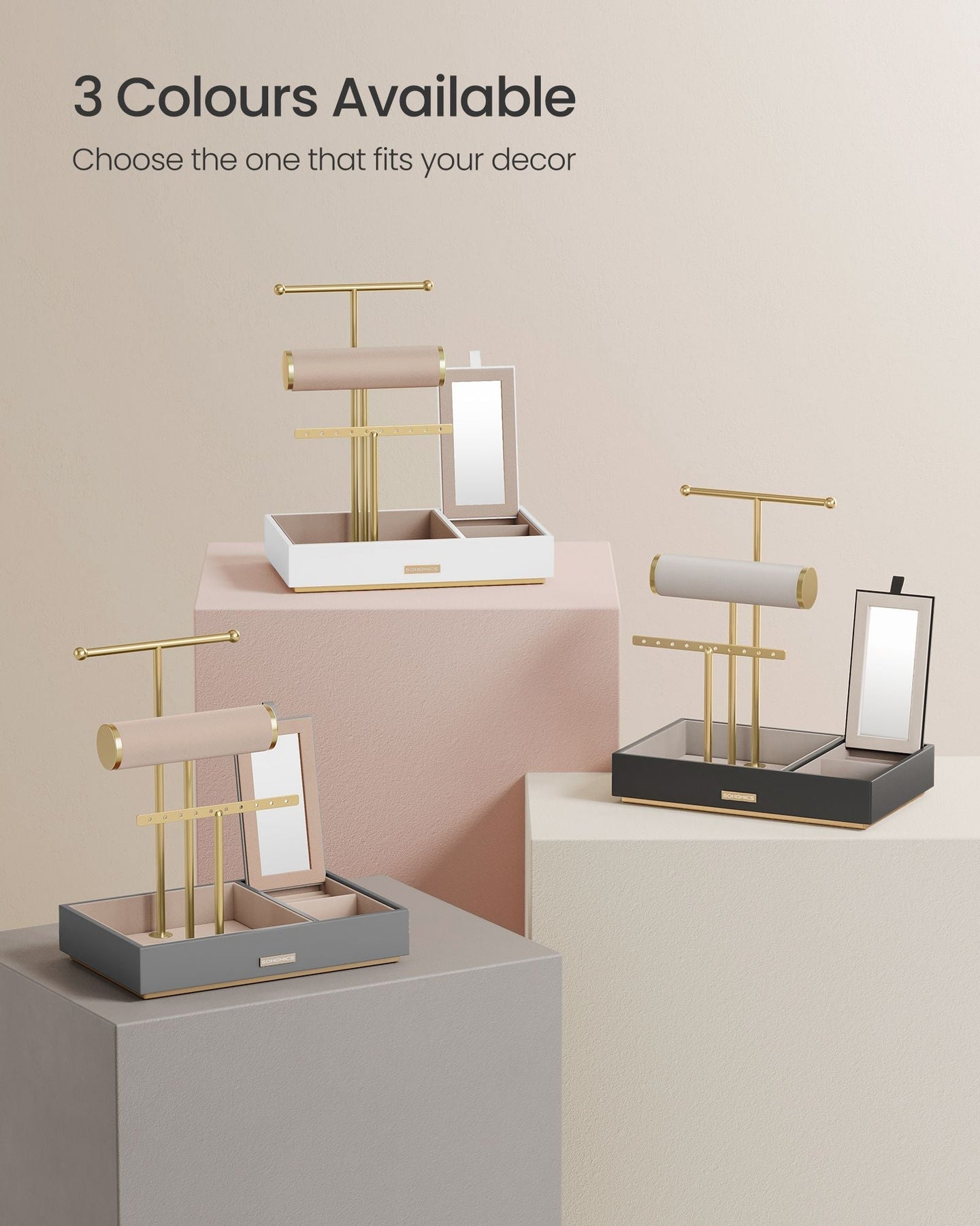 Jewellery Stand - Metal - Dove Grey and Gold - Organiser with Mirror and Earring/Necklace Holders