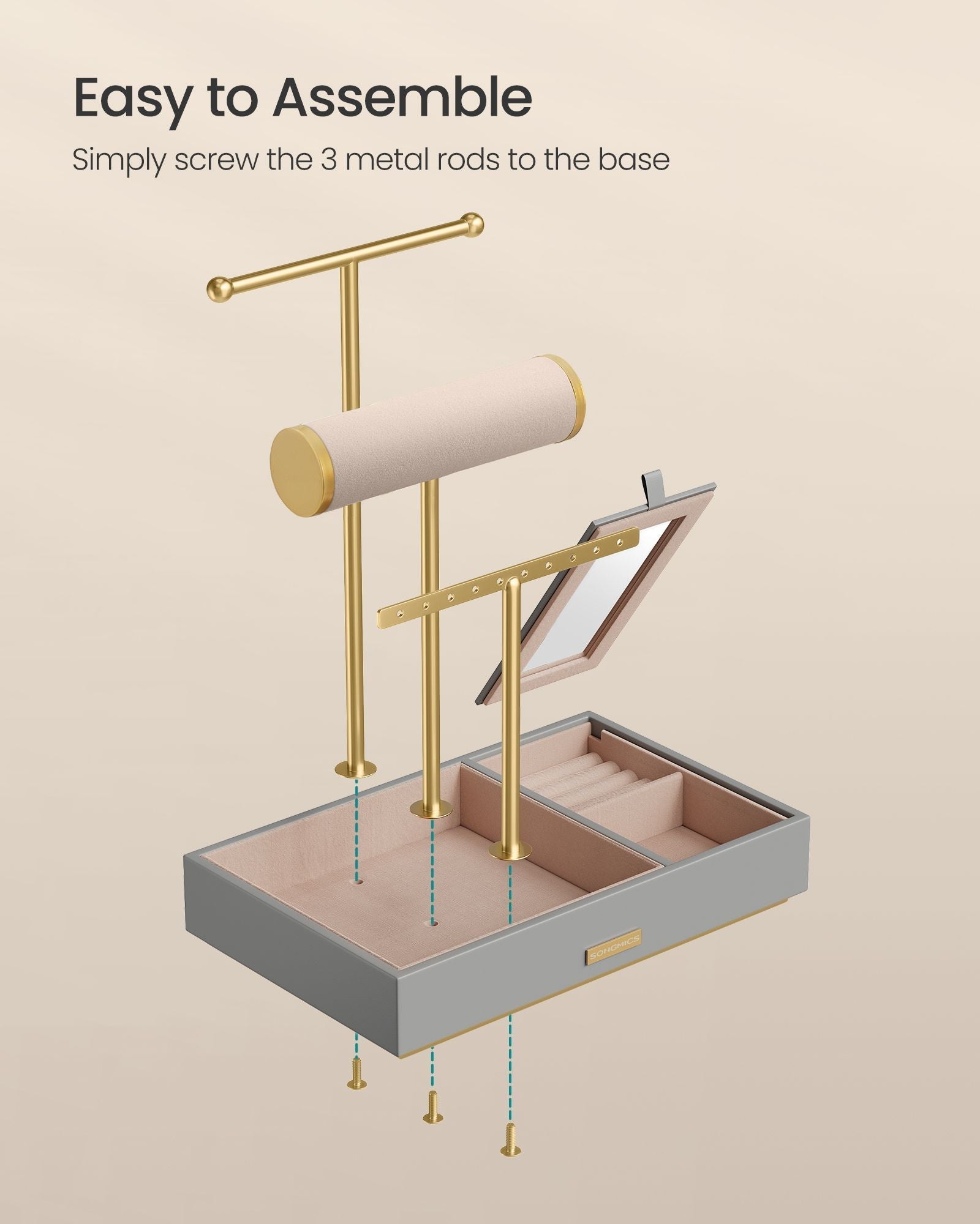 Jewellery Stand - Metal - Dove Grey and Gold - Organiser with Mirror and Earring/Necklace Holders