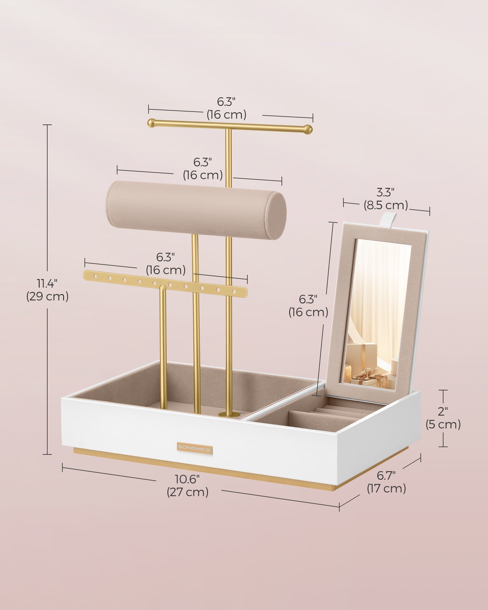 Jewellery Display Stand - Metal - Black - Includes Mirror and Multi-Functional Holders for Earrings
