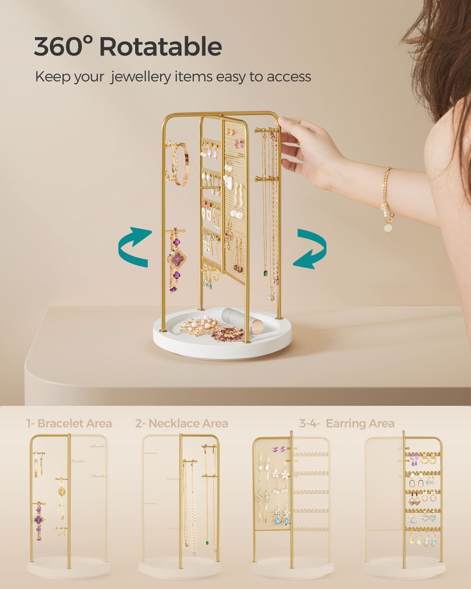 Rotating Jewellery Stand - Metal - Champagne Gold - 4 Independent Sections with Bottom Tray