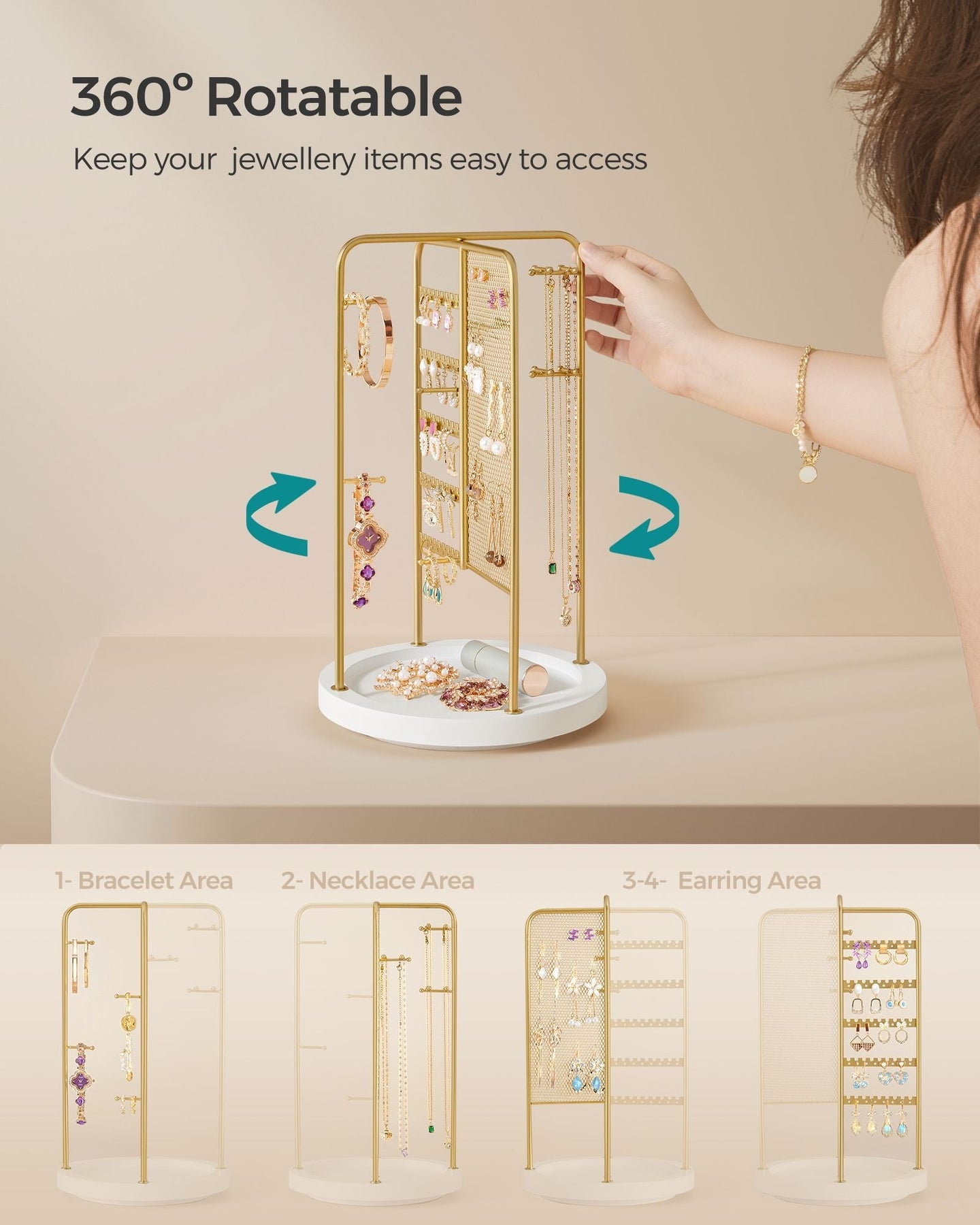 Rotating Jewellery Stand - Metal - Champagne Gold - 4 Independent Sections with Bottom Tray