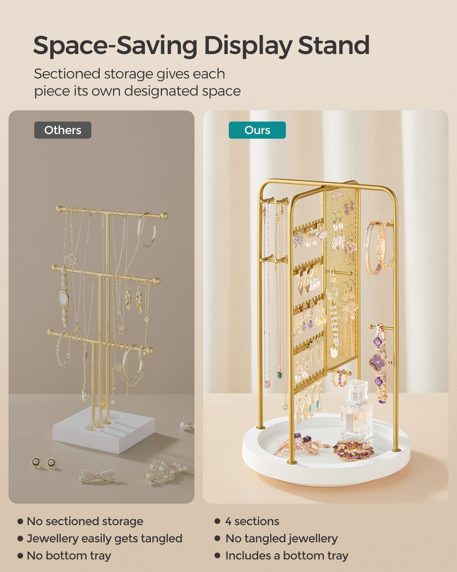 Rotating Jewellery Stand - Metal - Champagne Gold - 4 Independent Sections with Bottom Tray