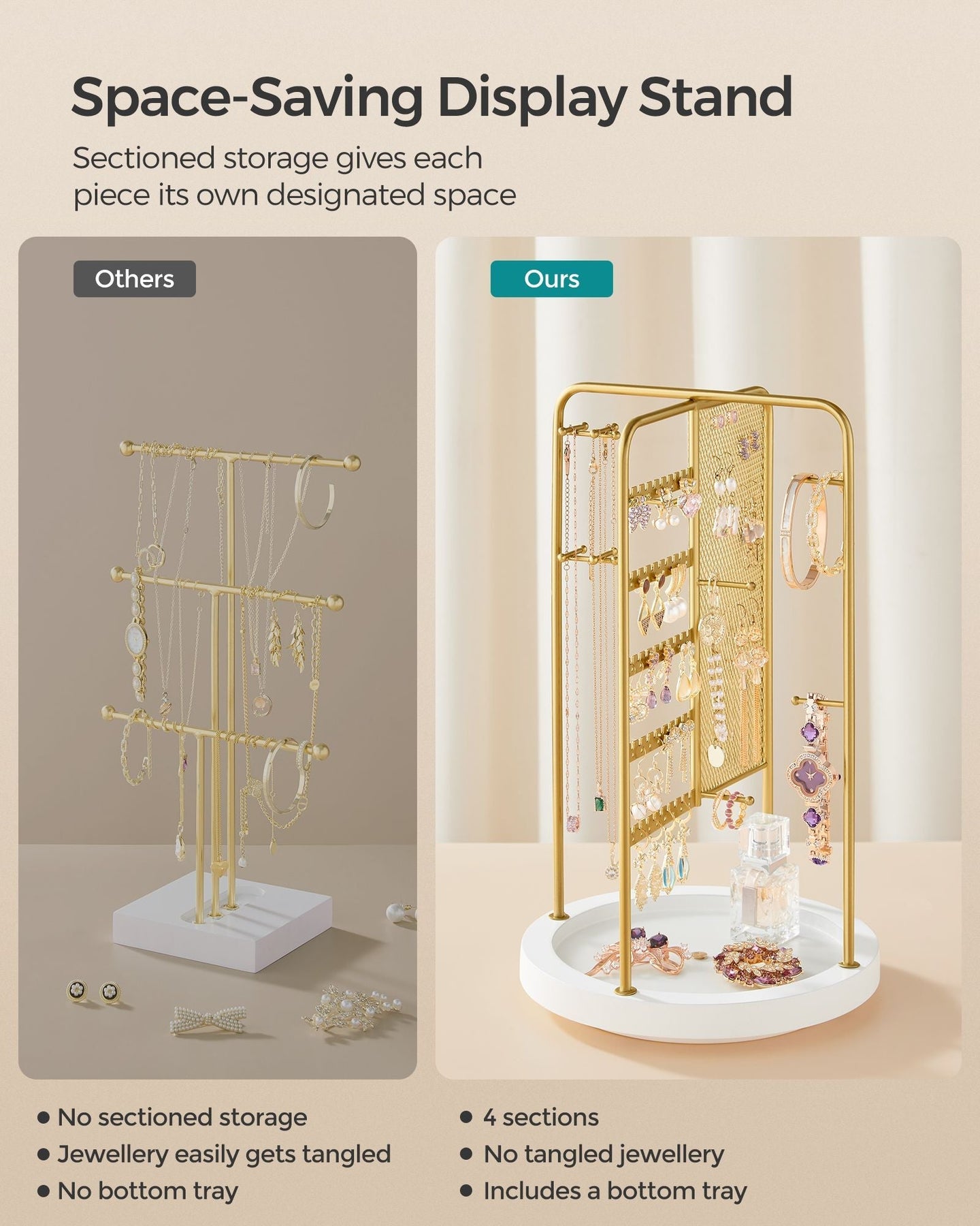 Rotating Jewellery Stand - Metal - Champagne Gold - 4 Independent Sections with Bottom Tray