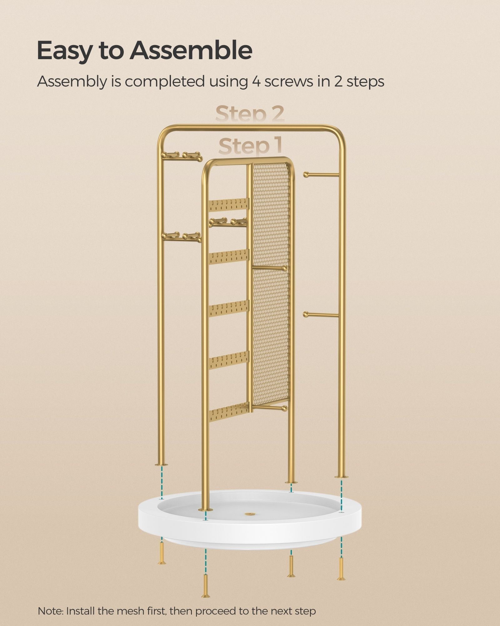 Rotating Jewellery Stand - Metal - Champagne Gold - 4 Independent Sections with Bottom Tray