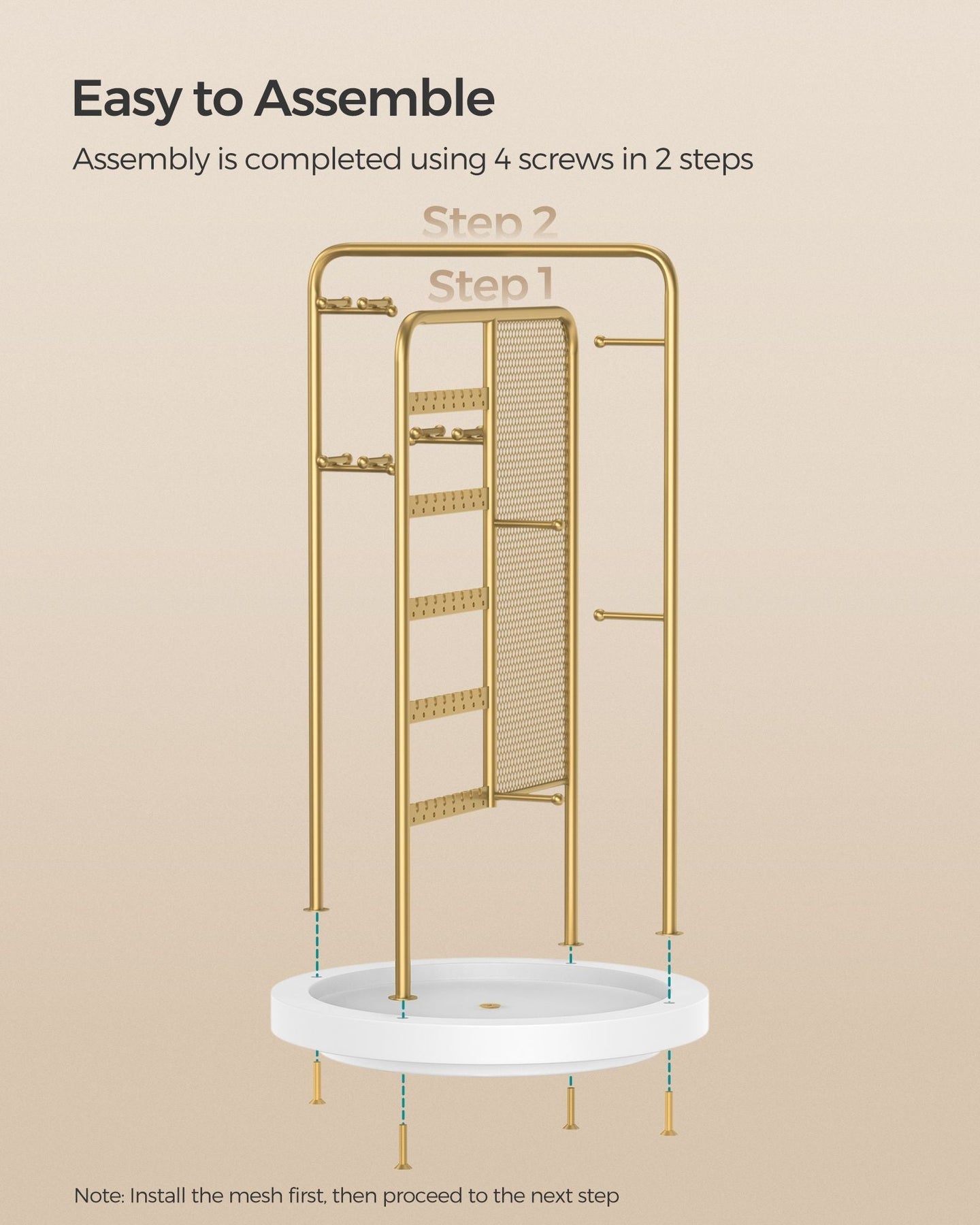 Rotating Jewellery Stand - Metal - Champagne Gold - 4 Independent Sections with Bottom Tray