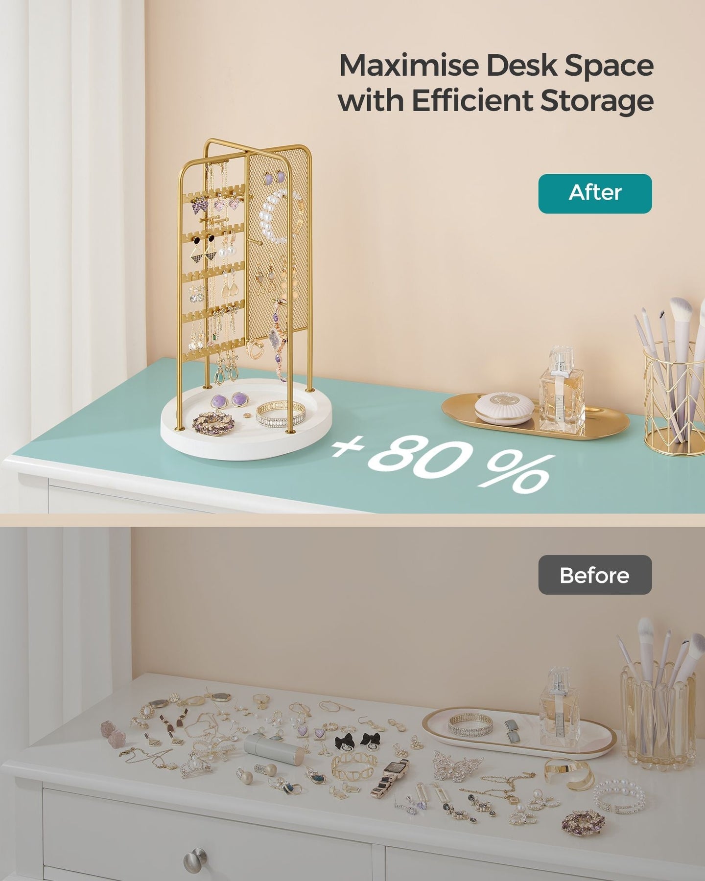 Rotating Jewellery Stand - Metal - Champagne Gold - 4 Independent Sections with Bottom Tray
