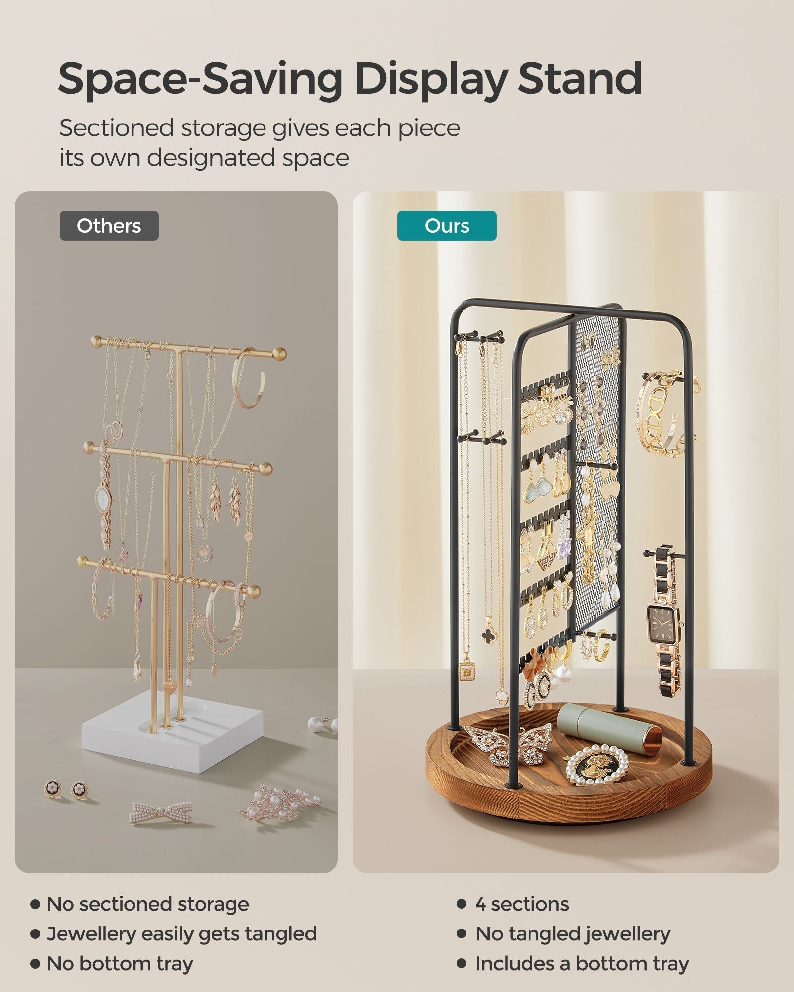 Rotating Jewellery Stand - Metal - Ink Black - 4 Independent Sections with Bottom Tray