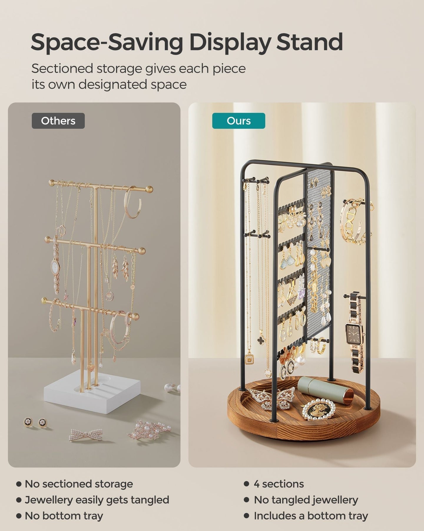 Rotating Jewellery Stand - Metal - Ink Black - 4 Independent Sections with Bottom Tray
