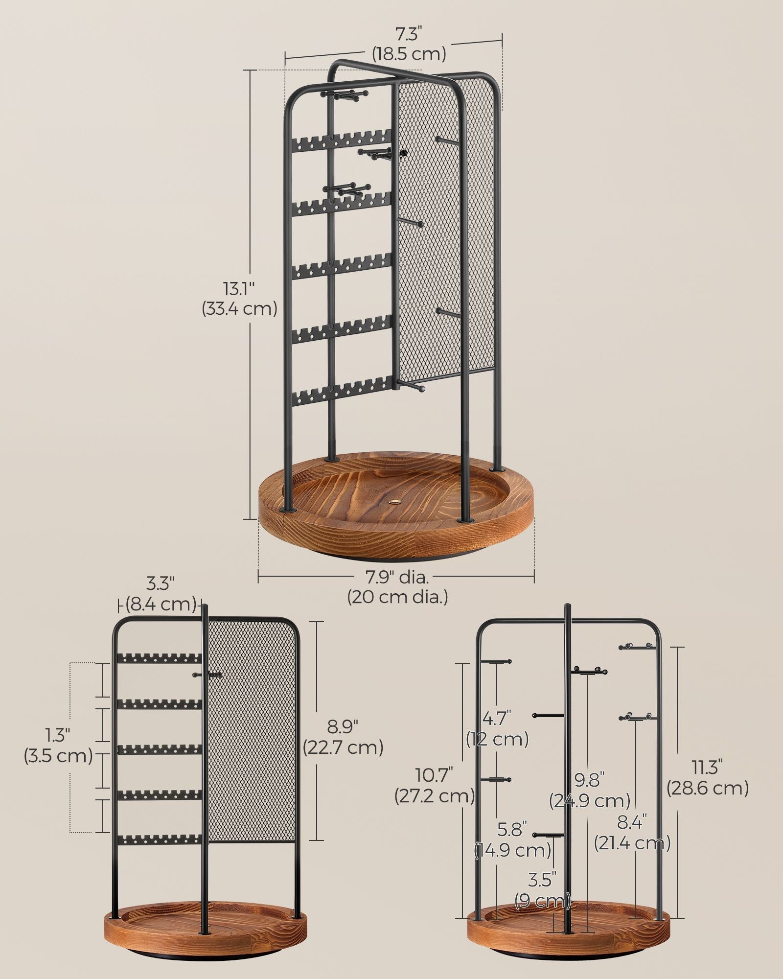 Rotating Jewellery Stand - Metal - Ink Black - 4 Independent Sections with Bottom Tray