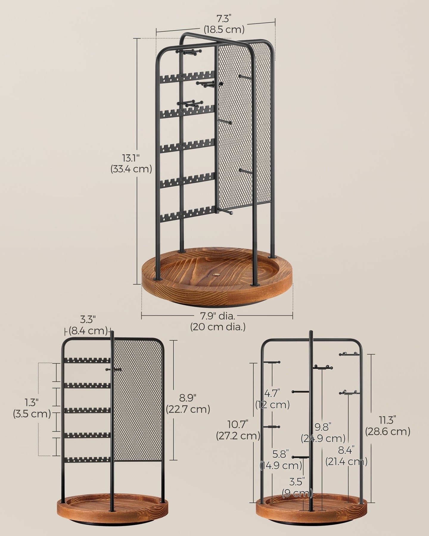 Rotating Jewellery Stand - Metal - Ink Black - 4 Independent Sections with Bottom Tray