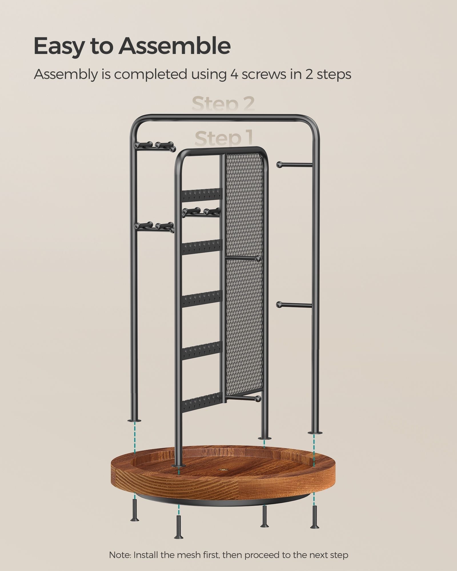 Rotating Jewellery Stand - Metal - Ink Black - 4 Independent Sections with Bottom Tray
