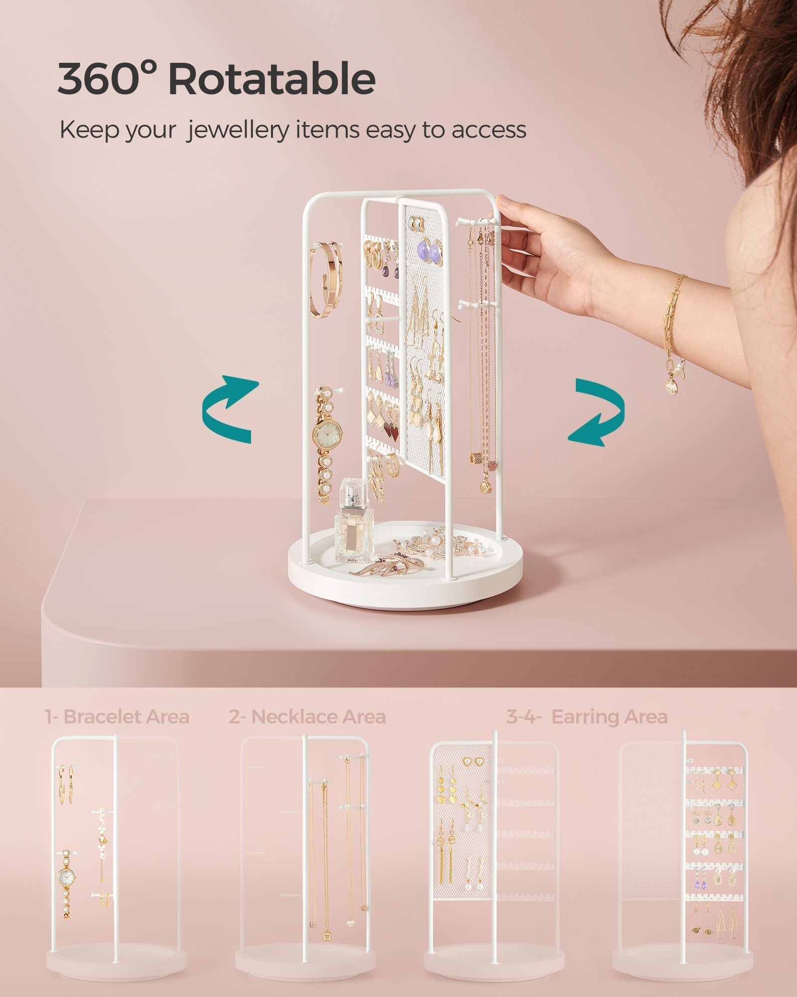 Rotating Jewellery Stand - Metal - Cloud White - 4 Independent Sections with Bottom Tray