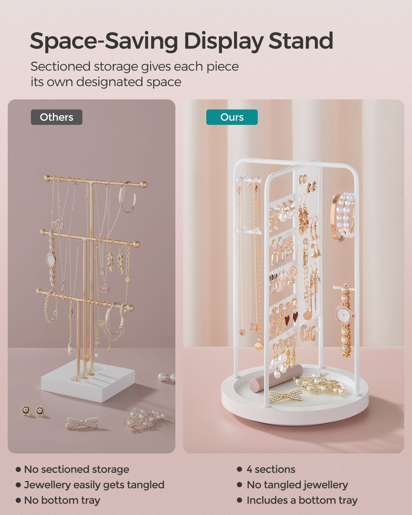 Rotating Jewellery Stand - Metal - Cloud White - 4 Independent Sections with Bottom Tray