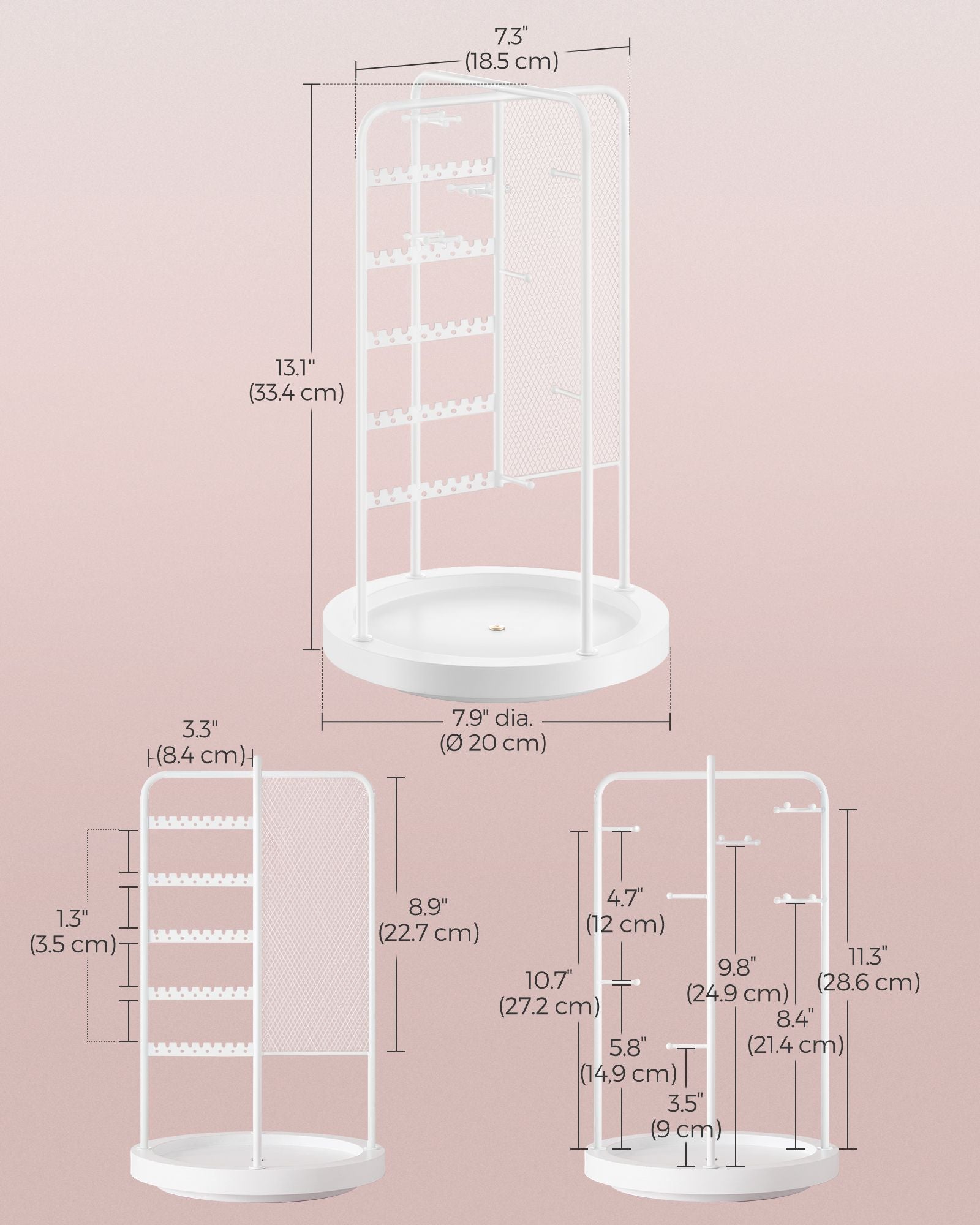 Rotating Jewellery Stand - Metal - Cloud White - 4 Independent Sections with Bottom Tray