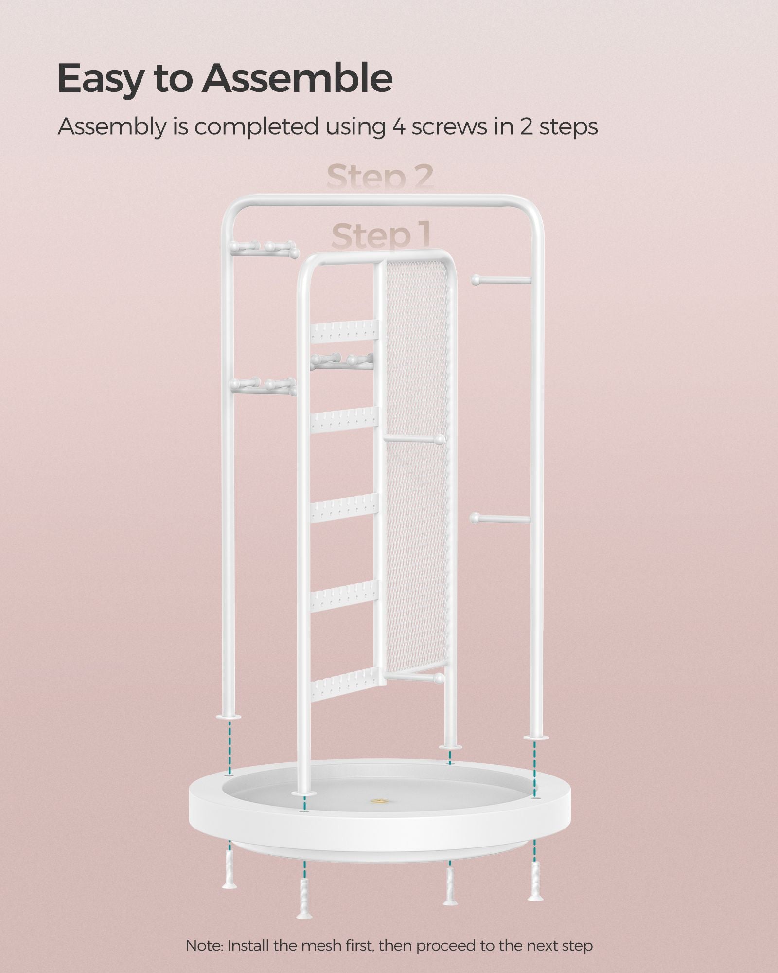 Rotating Jewellery Stand - Metal - Cloud White - 4 Independent Sections with Bottom Tray