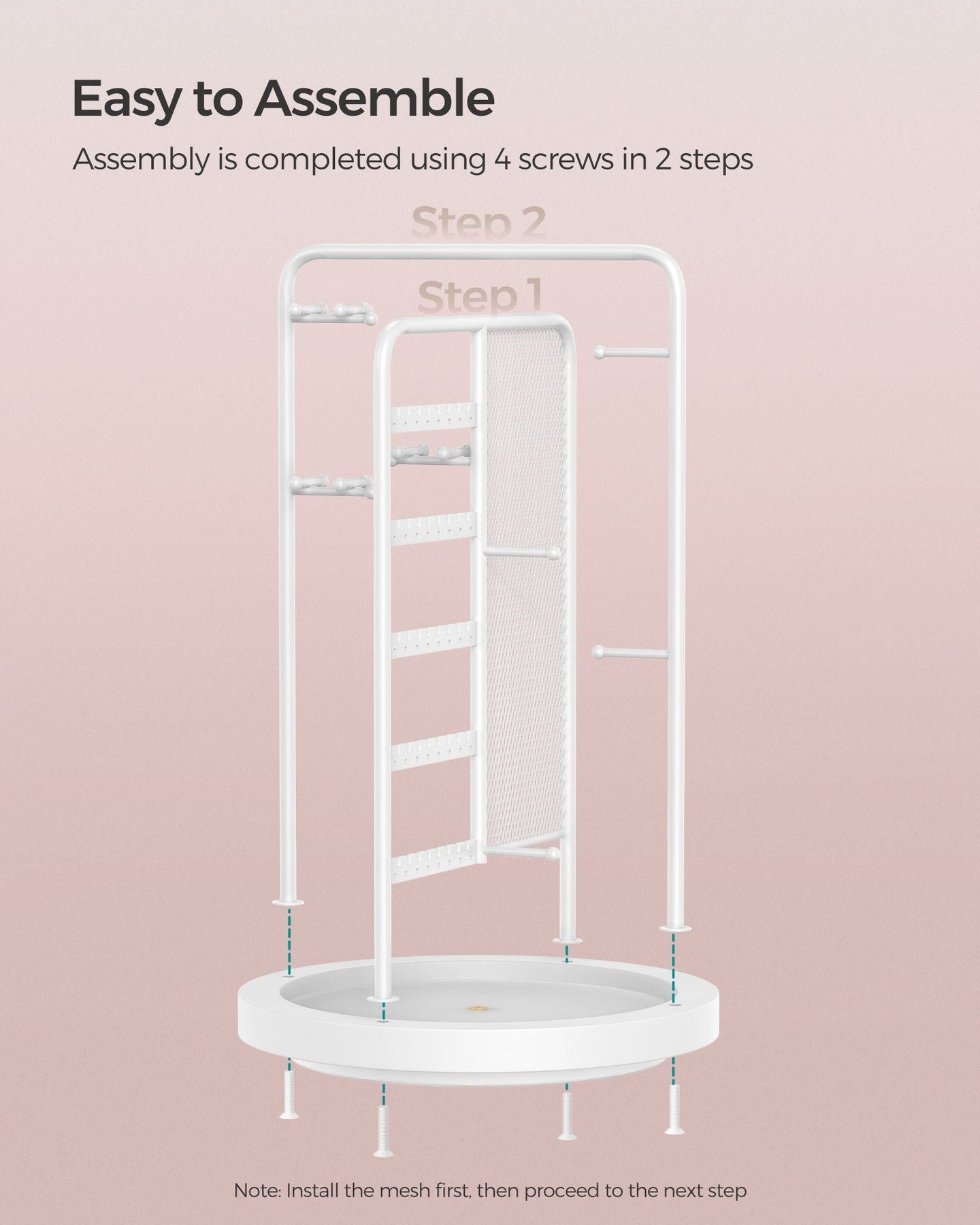 Rotating Jewellery Stand - Metal - Cloud White - 4 Independent Sections with Bottom Tray