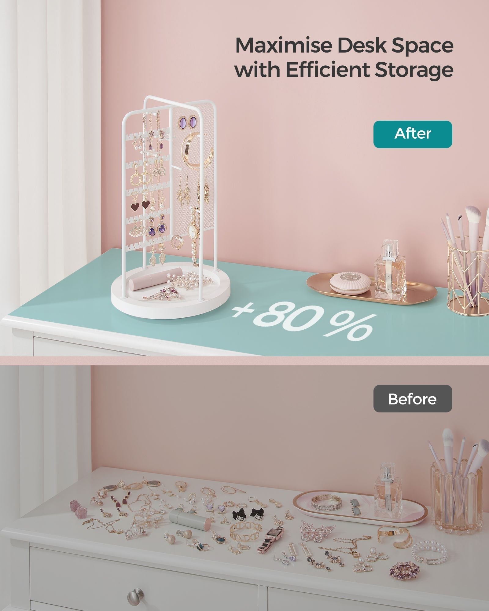 Rotating Jewellery Stand - Metal - Cloud White - 4 Independent Sections with Bottom Tray
