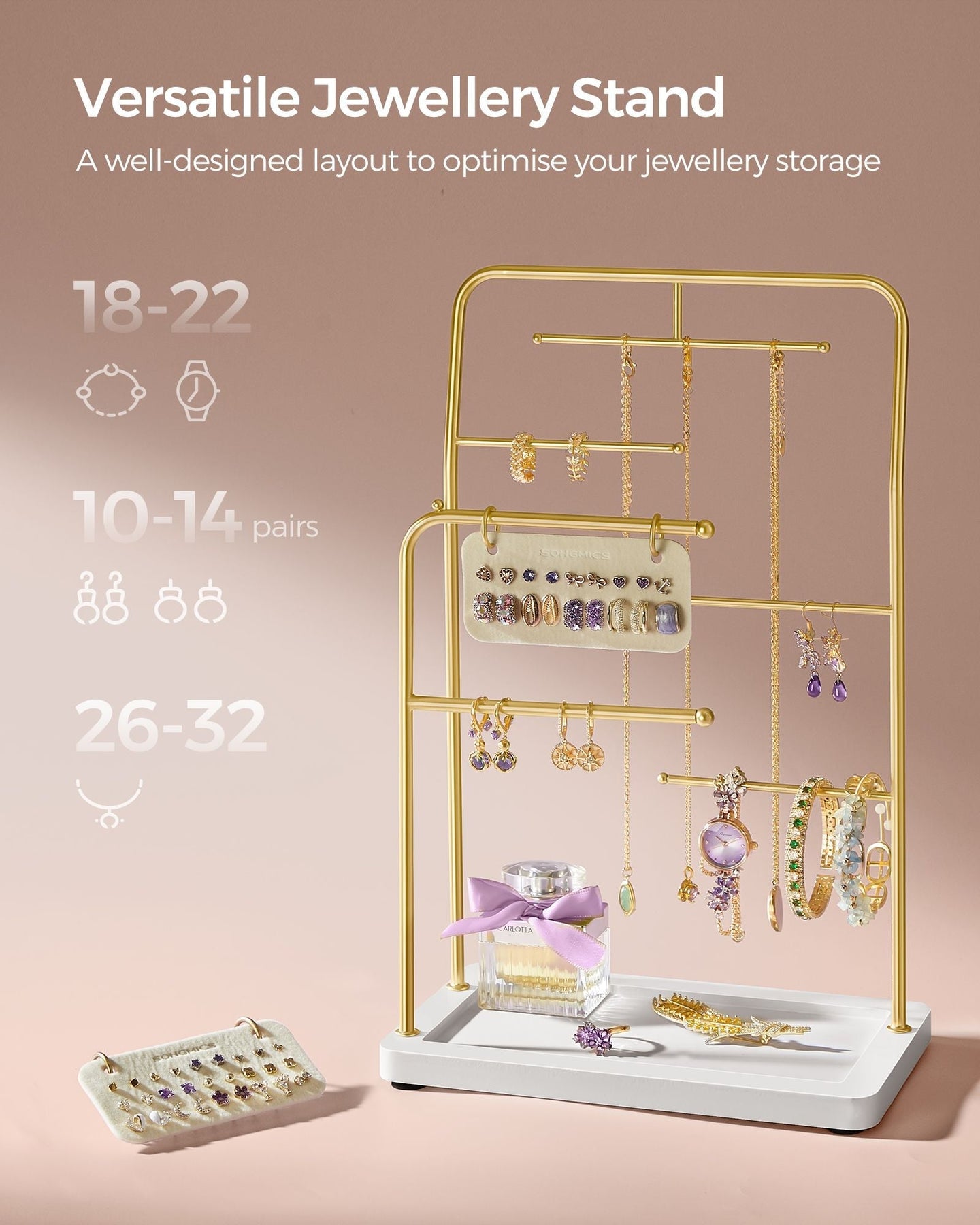 Jewellery Stand - Metal - Metallic Gold - 6 Hanging Rods and Earring Boards