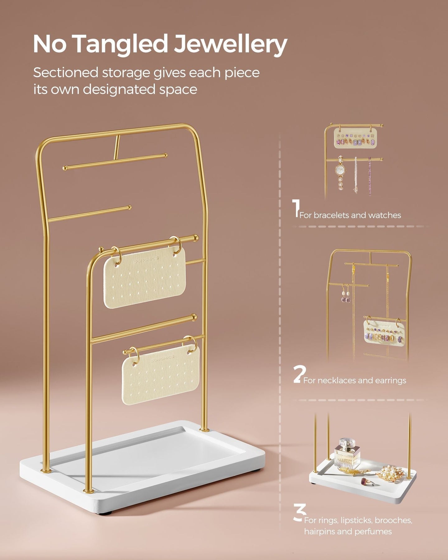 Jewellery Stand - Metal - Metallic Gold - 6 Hanging Rods and Earring Boards