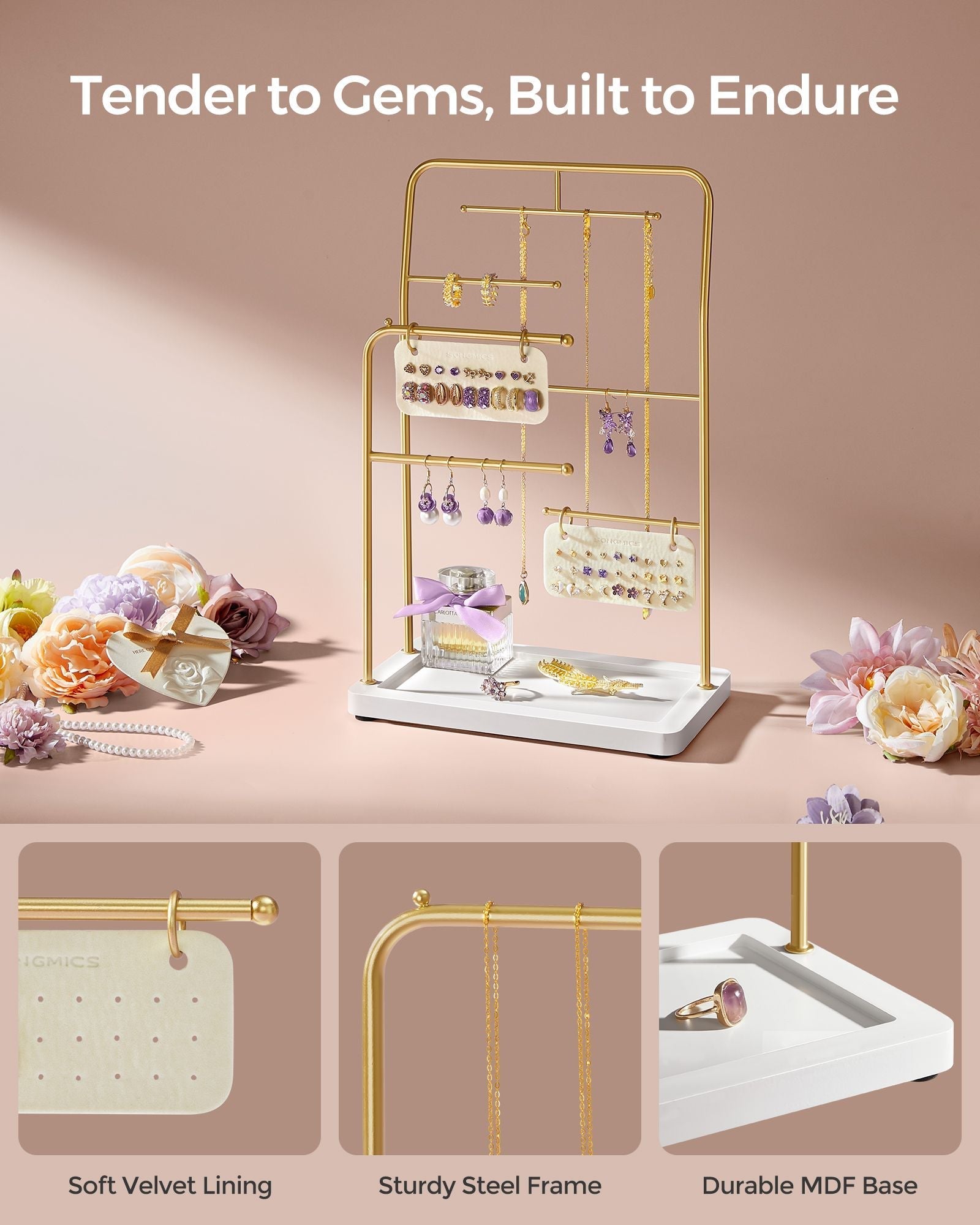 Jewellery Stand - Metal - Metallic Gold - 6 Hanging Rods and Earring Boards