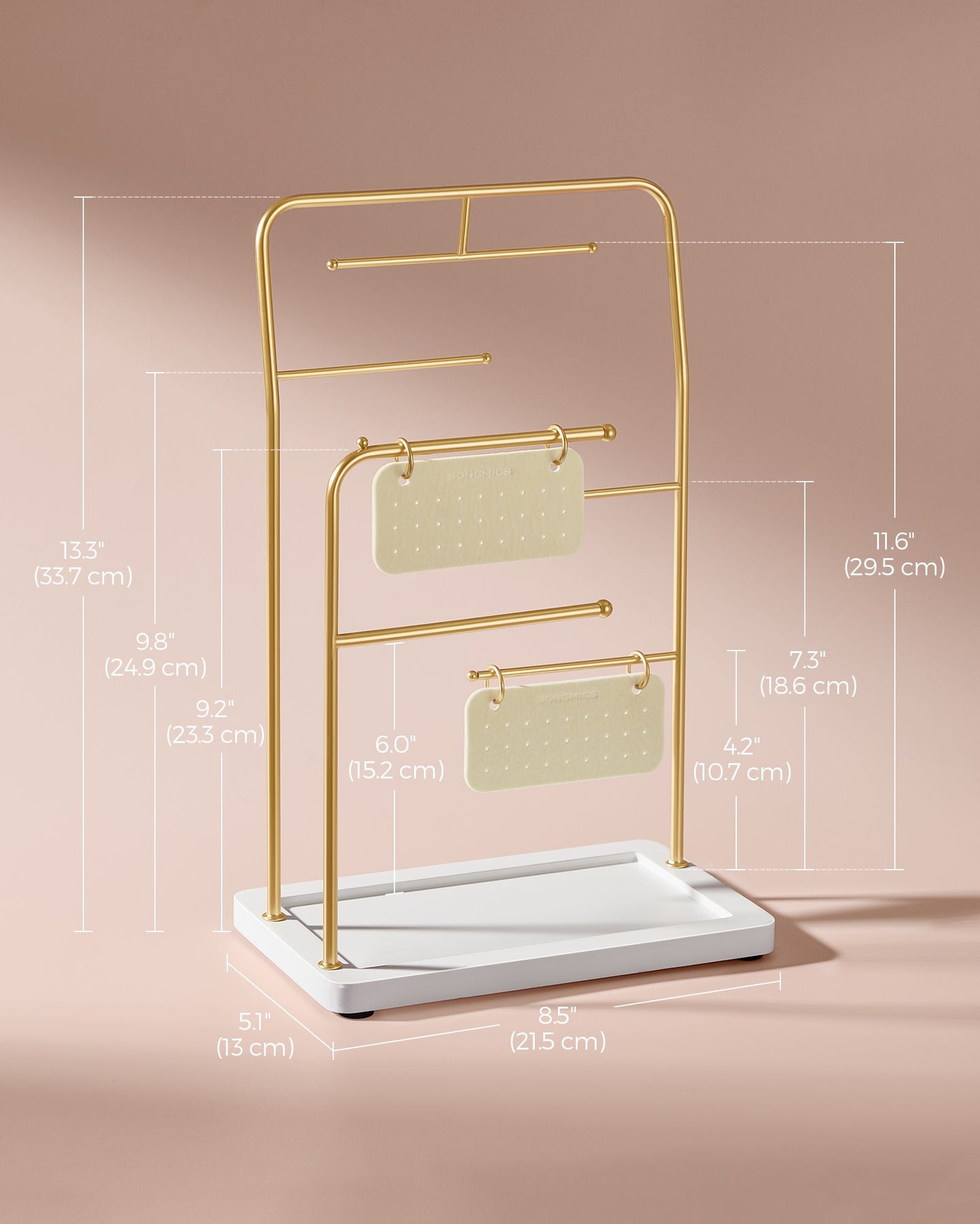 Jewellery Stand - Metal - Metallic Gold - 6 Hanging Rods and Earring Boards