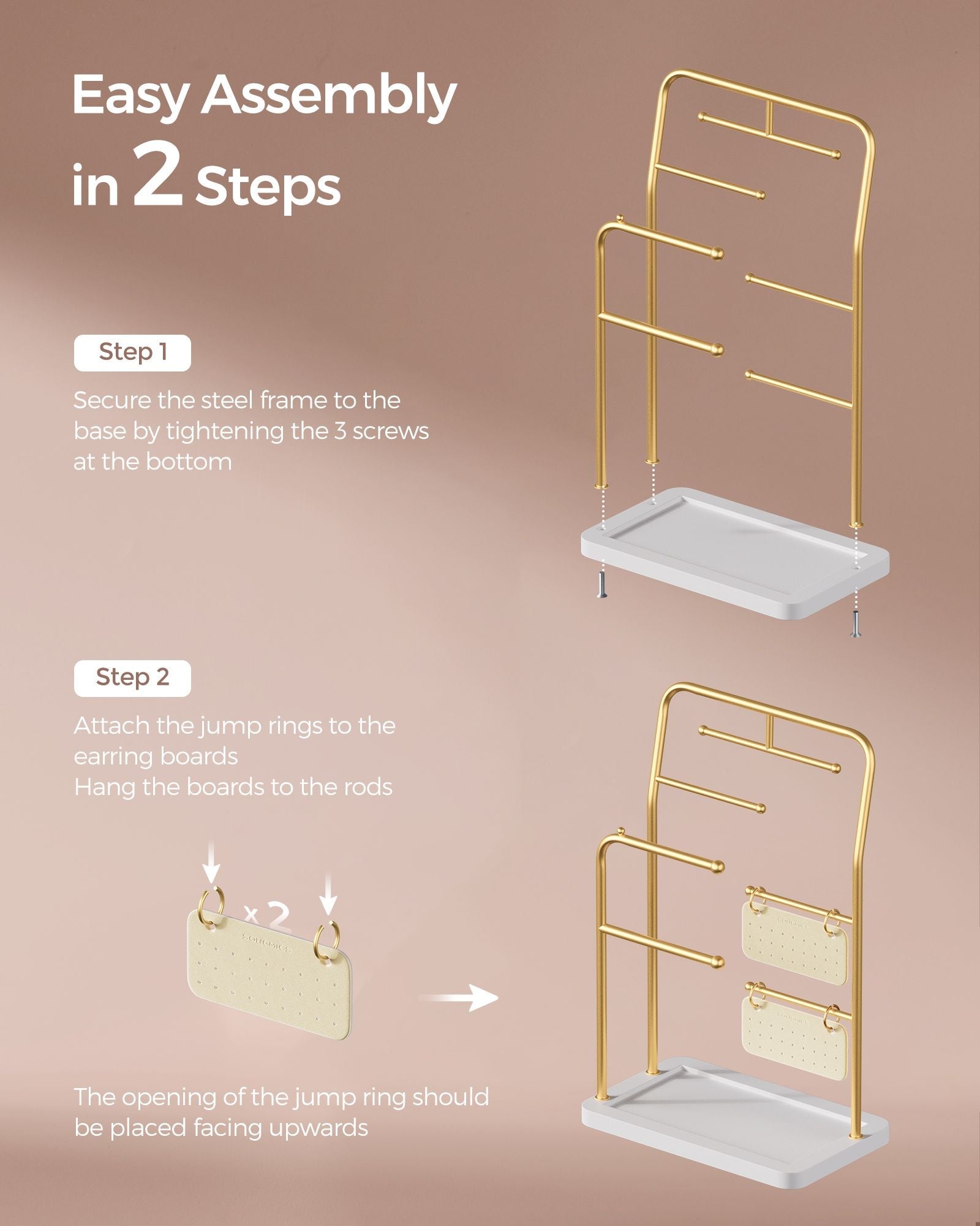 Jewellery Stand - Metal - Metallic Gold - 6 Hanging Rods and Earring Boards