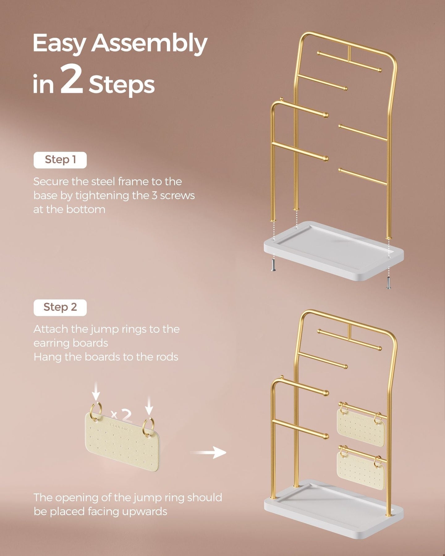 Jewellery Stand - Metal - Metallic Gold - 6 Hanging Rods and Earring Boards