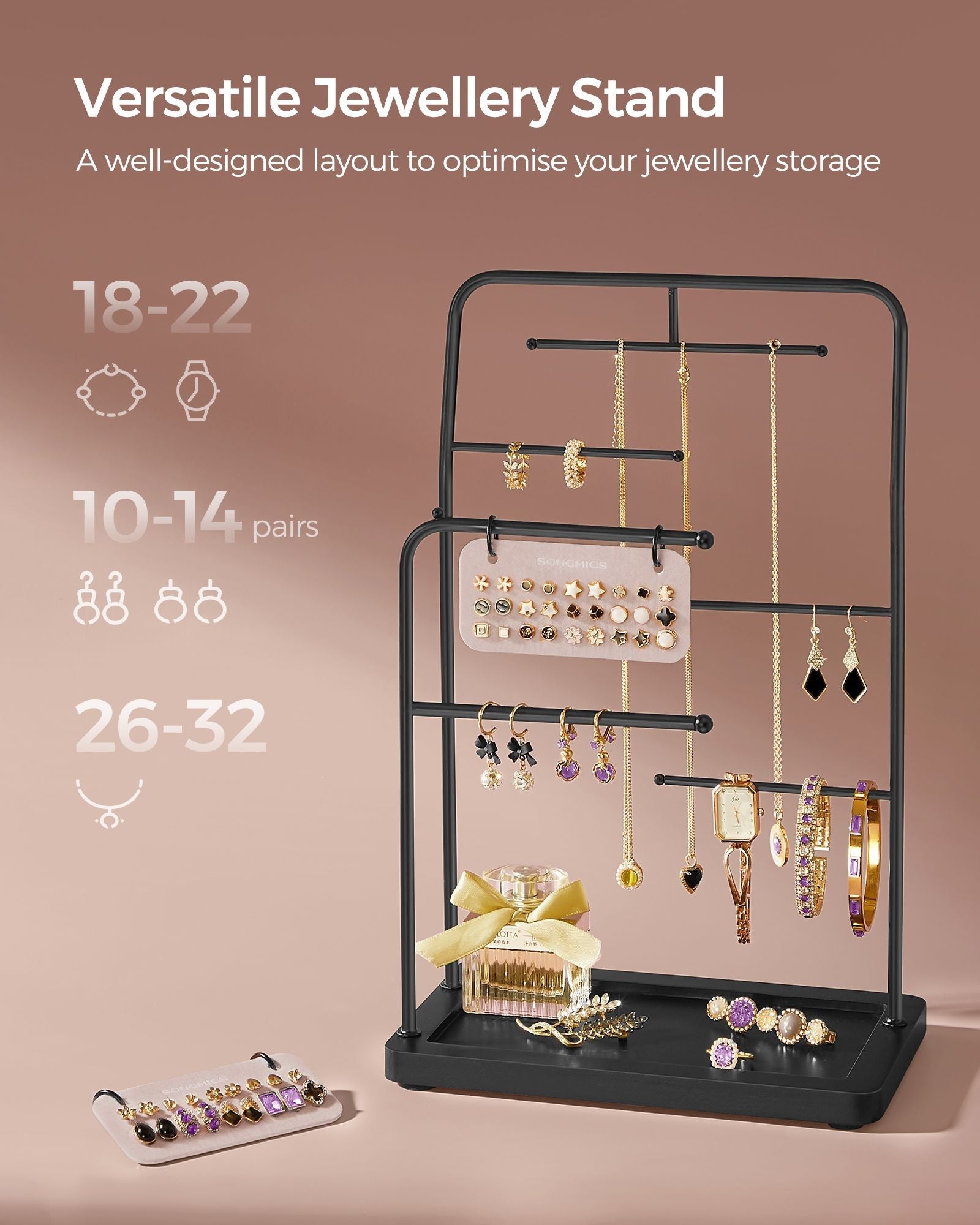 Jewellery Stand - Metal - Ink Black - 6 Hanging Rods and 2 Earring Boards