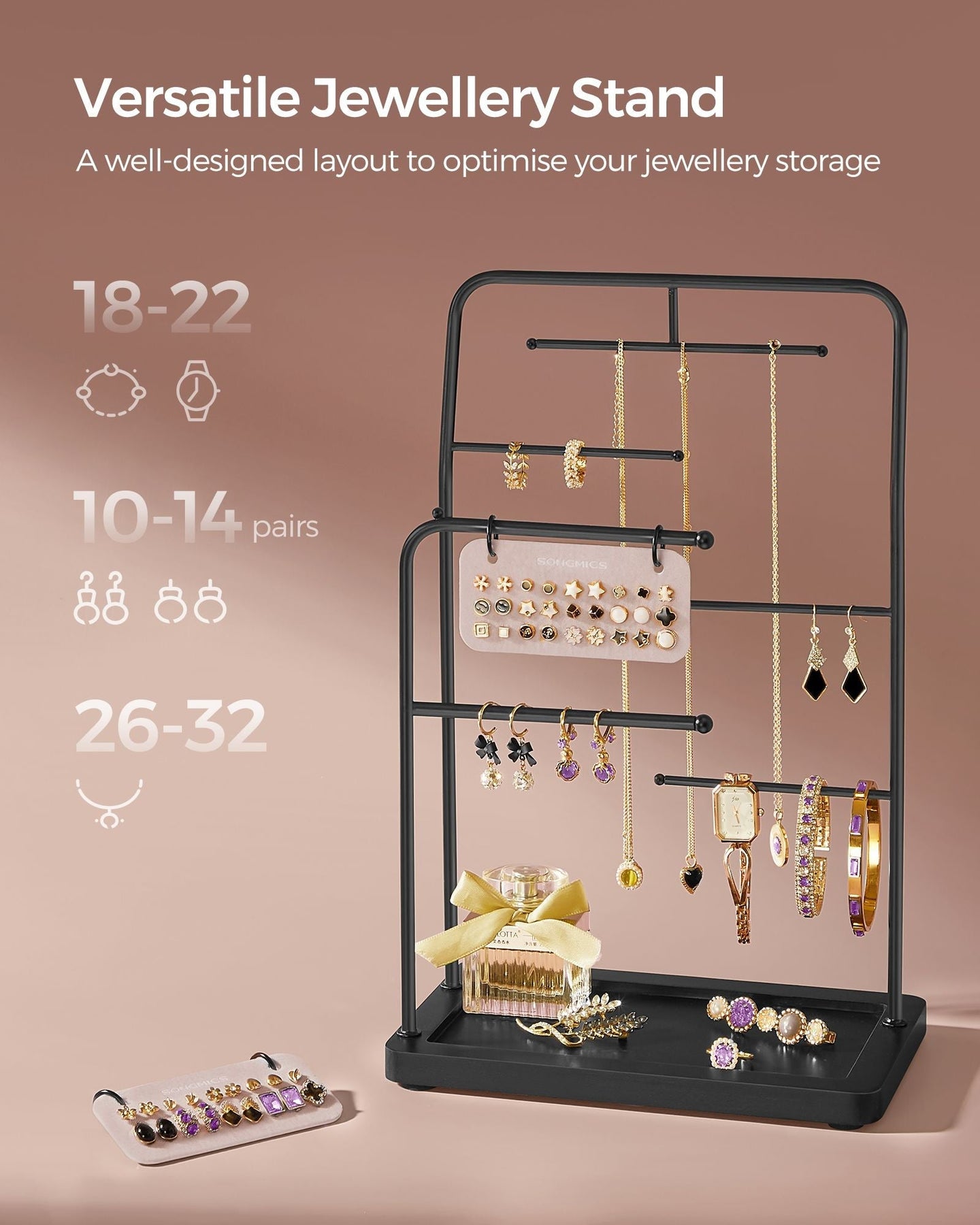 Jewellery Stand - Metal - Ink Black - 6 Hanging Rods and 2 Earring Boards