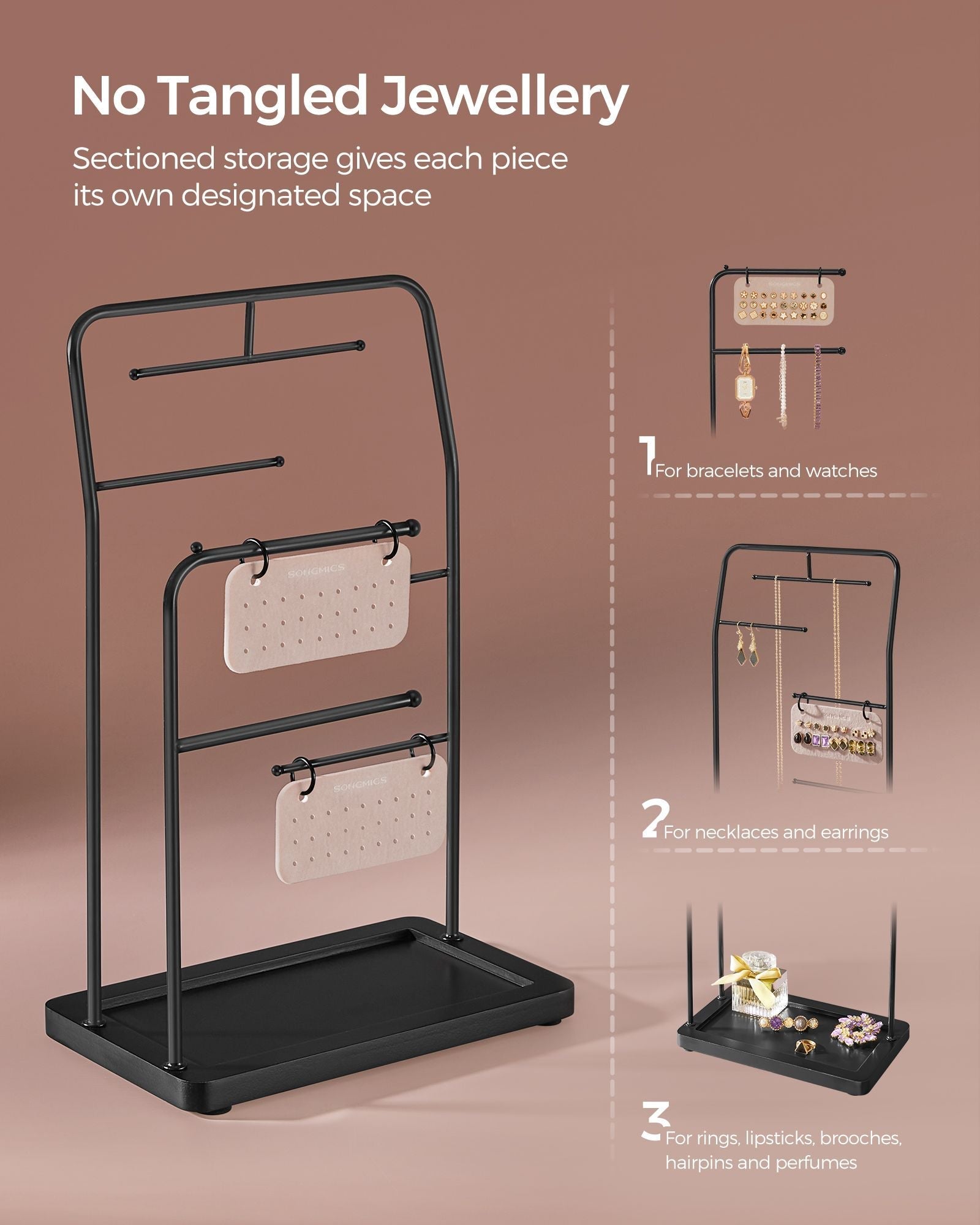 Jewellery Stand - Metal - Ink Black - 6 Hanging Rods and 2 Earring Boards