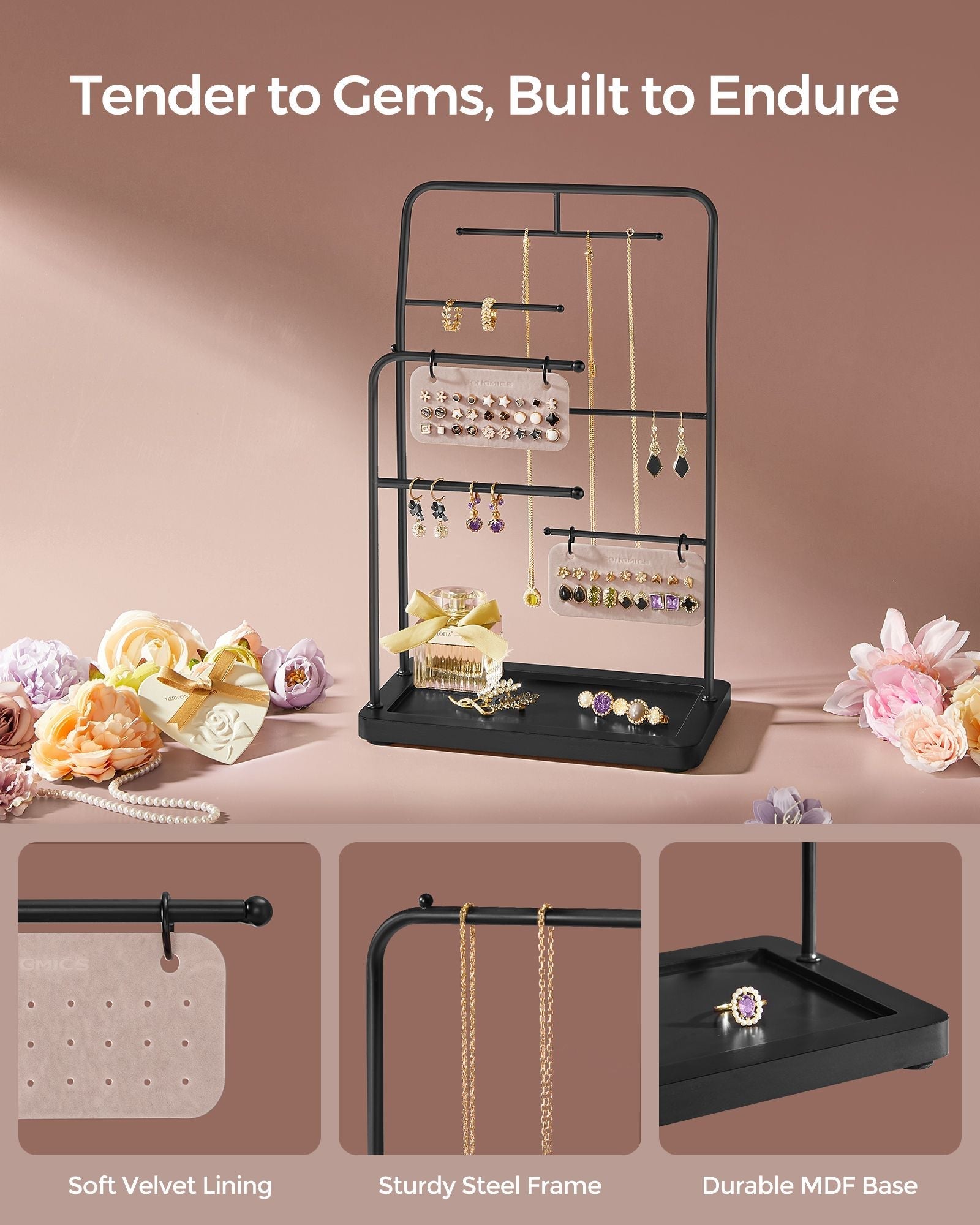 Jewellery Stand - Metal - Ink Black - 6 Hanging Rods and 2 Earring Boards