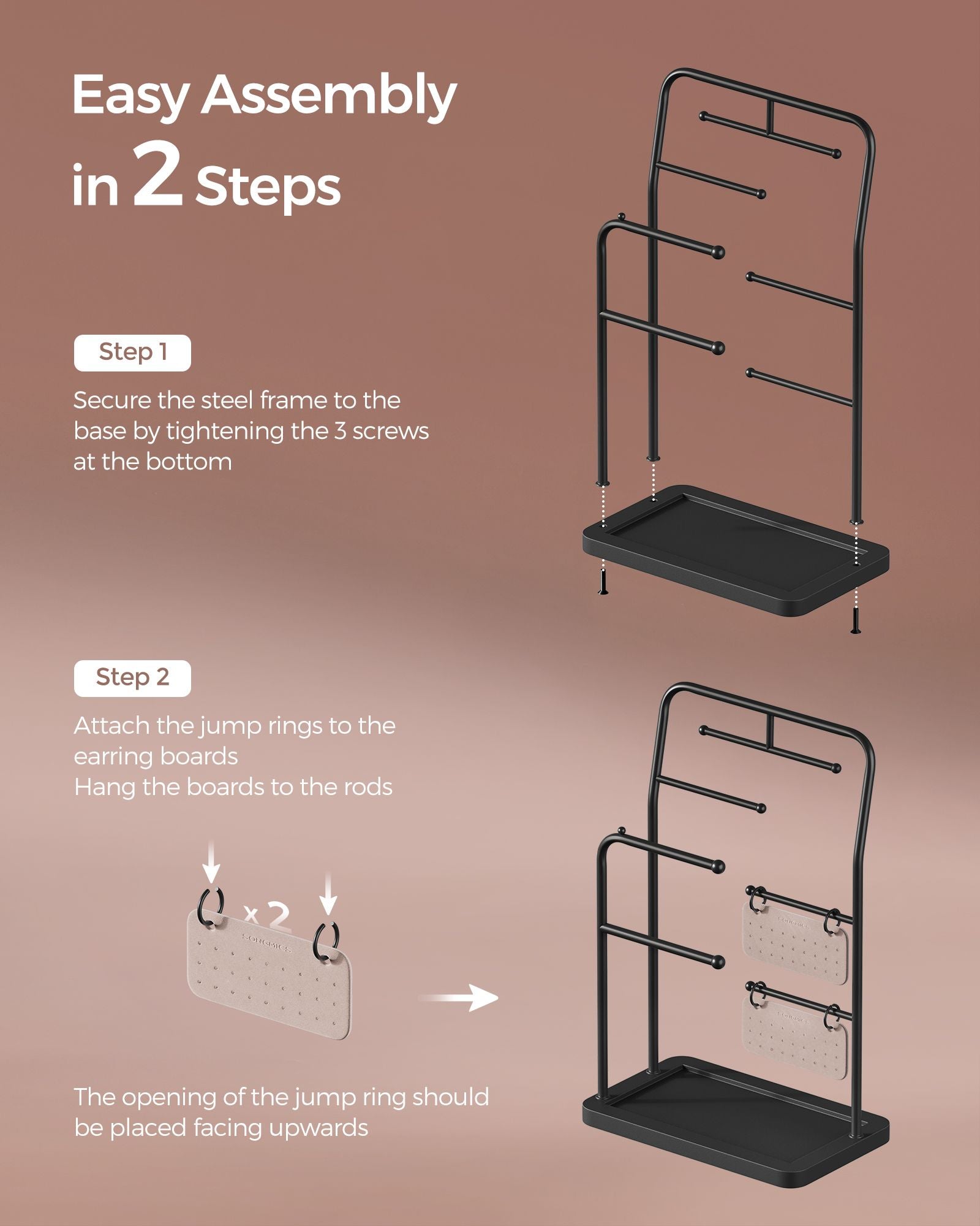 Jewellery Stand - Metal - Ink Black - 6 Hanging Rods and 2 Earring Boards