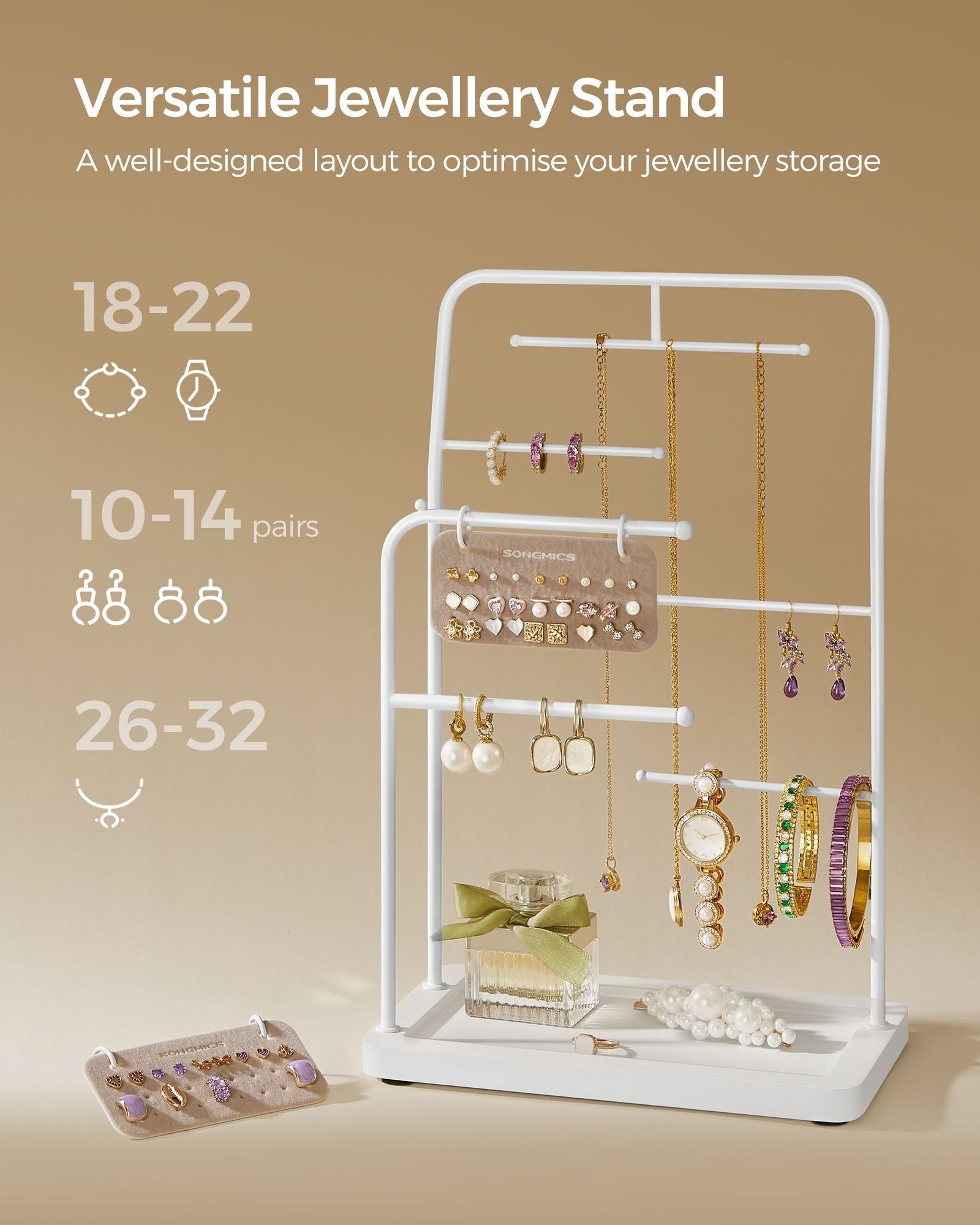 Jewellery Stand - Metal - Cloud White - 6 Hanging Rods and 2 Earring Boards