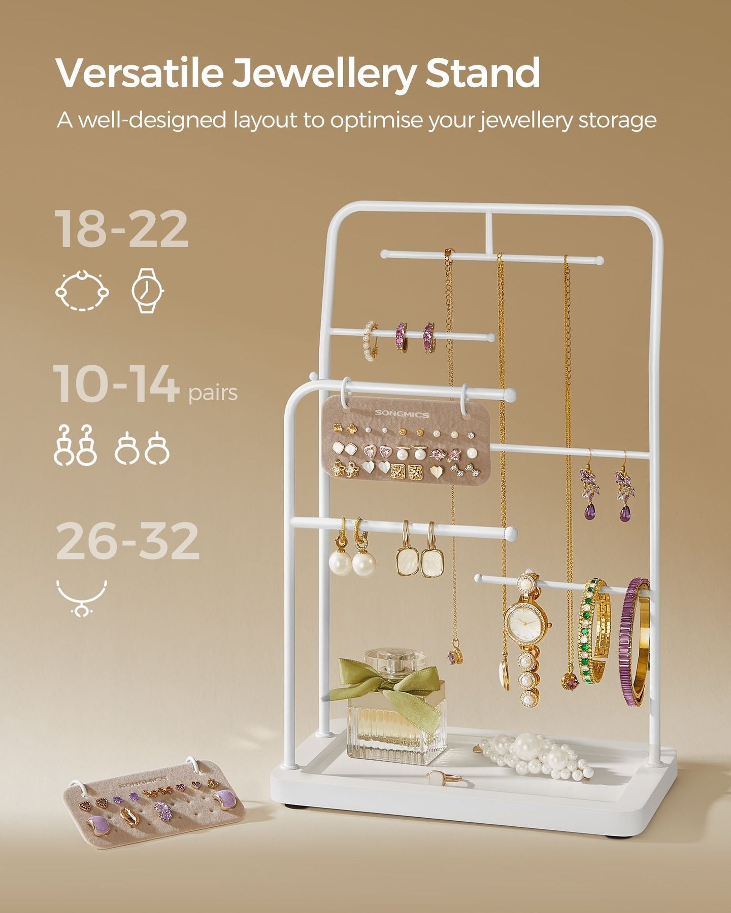 Jewellery Stand - Metal - Cloud White - 6 Hanging Rods and 2 Earring Boards