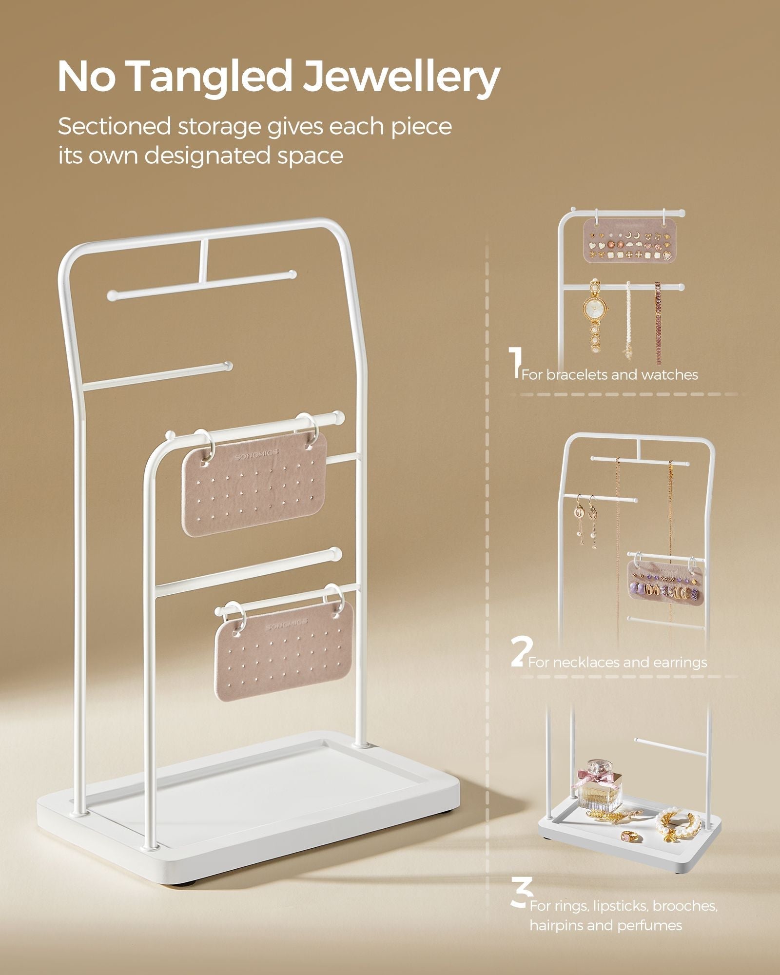 Jewellery Stand - Metal - Cloud White - 6 Hanging Rods and 2 Earring Boards