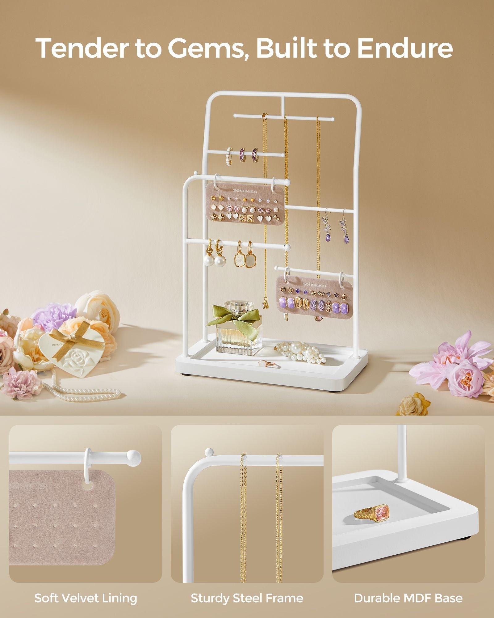 Jewellery Stand - Metal - Cloud White - 6 Hanging Rods and 2 Earring Boards
