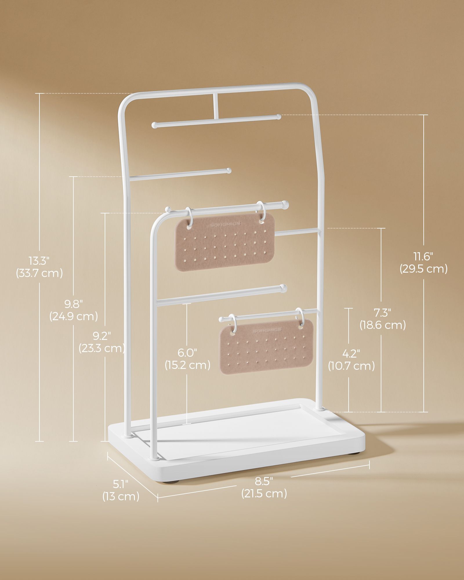 Jewellery Stand - Metal - Cloud White - 6 Hanging Rods and 2 Earring Boards