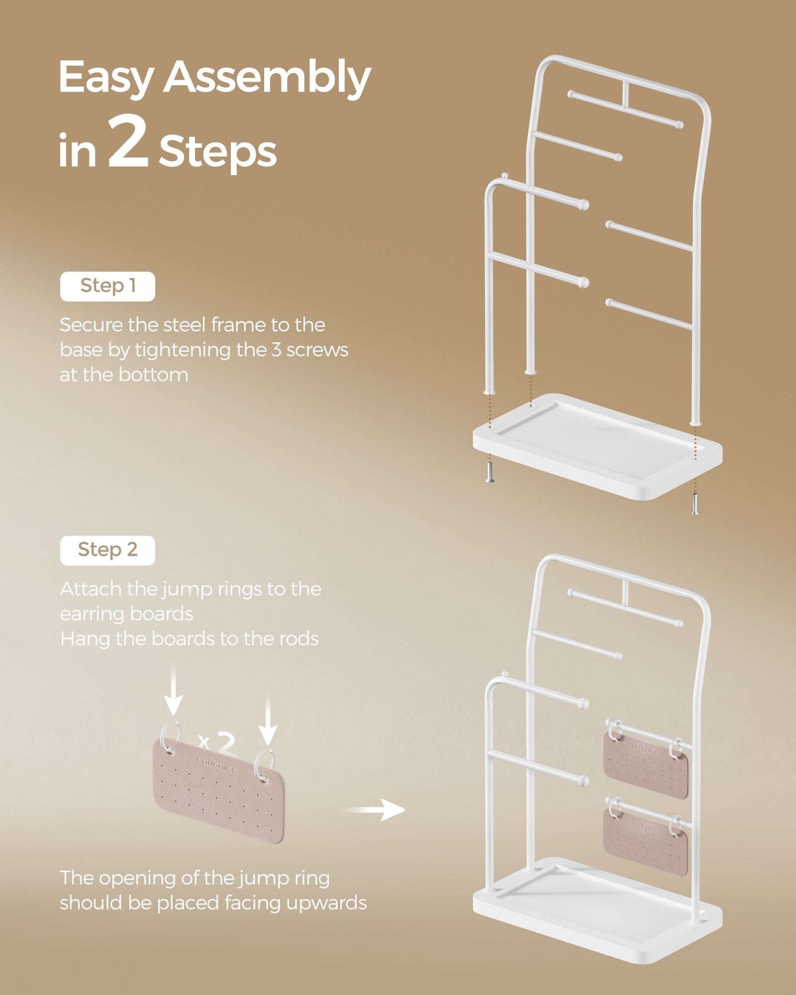 Jewellery Stand - Metal - Cloud White - 6 Hanging Rods and 2 Earring Boards
