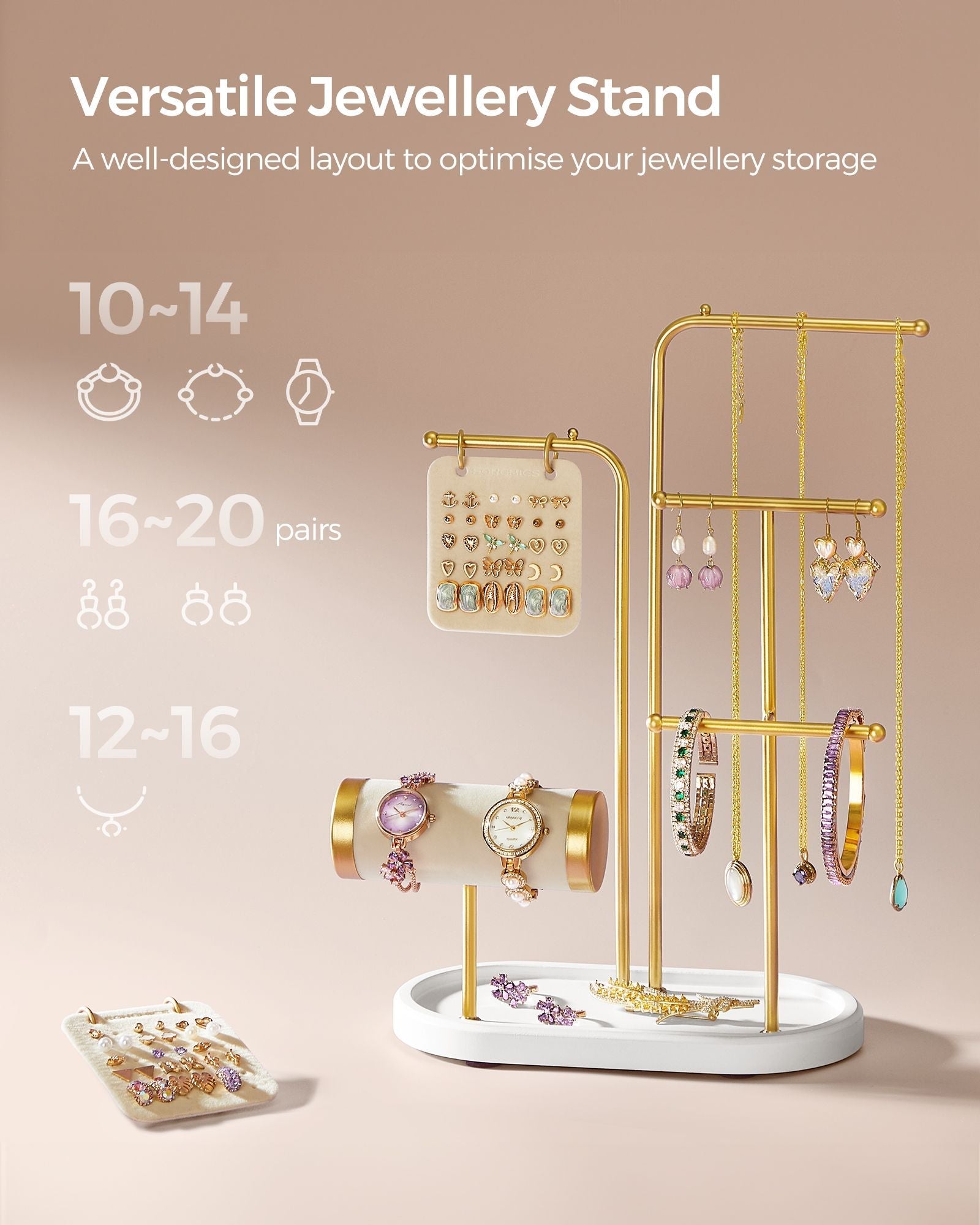 Jewellery Stand - Metal - Metallic Gold - Organiser with 4 Hanging Rods and 2 Earring Boards