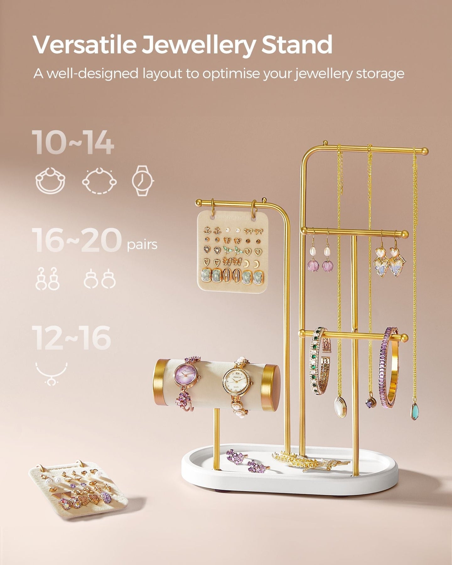 Jewellery Stand - Metal - Metallic Gold - Organiser with 4 Hanging Rods and 2 Earring Boards
