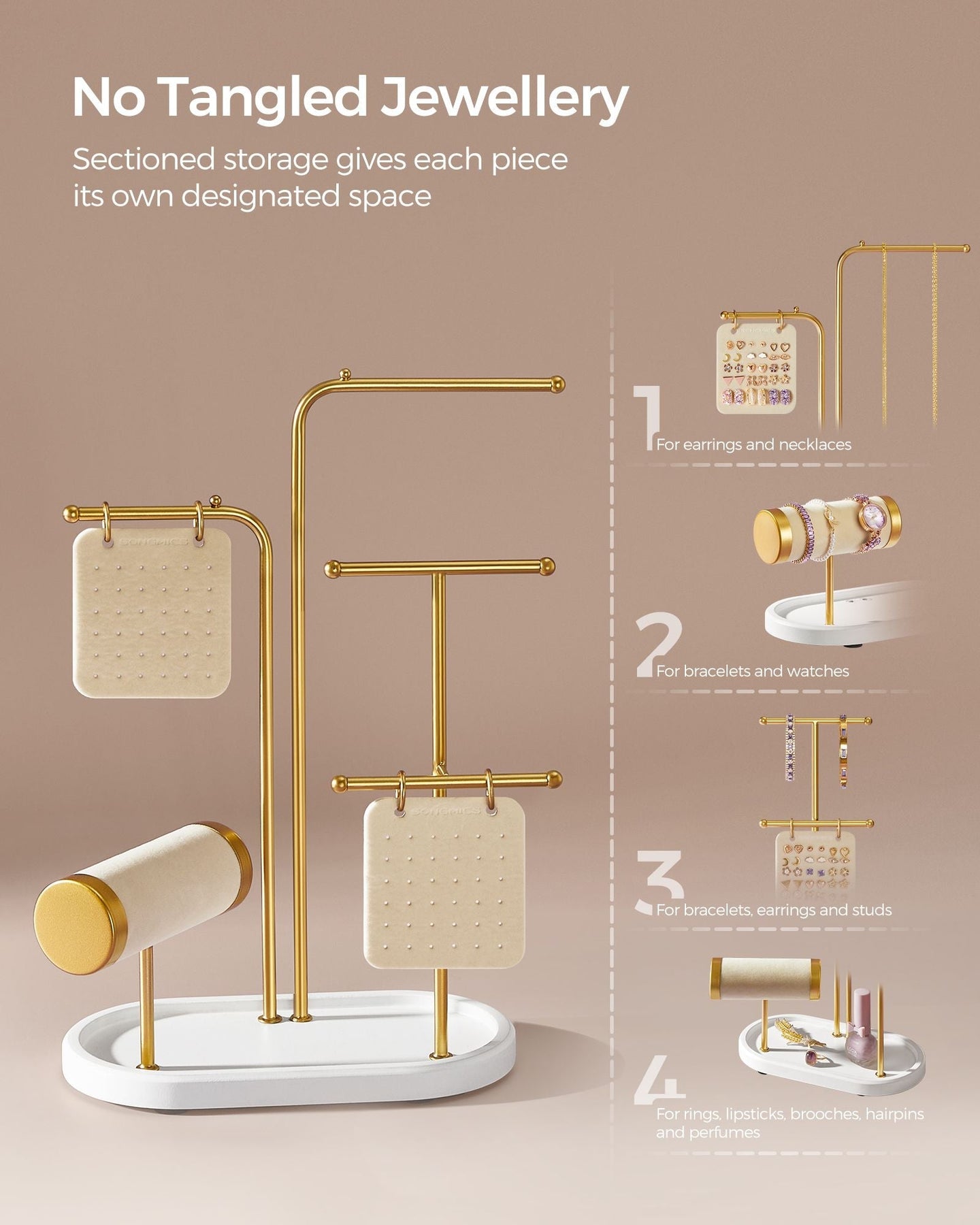 Jewellery Stand - Metal - Metallic Gold - Organiser with 4 Hanging Rods and 2 Earring Boards