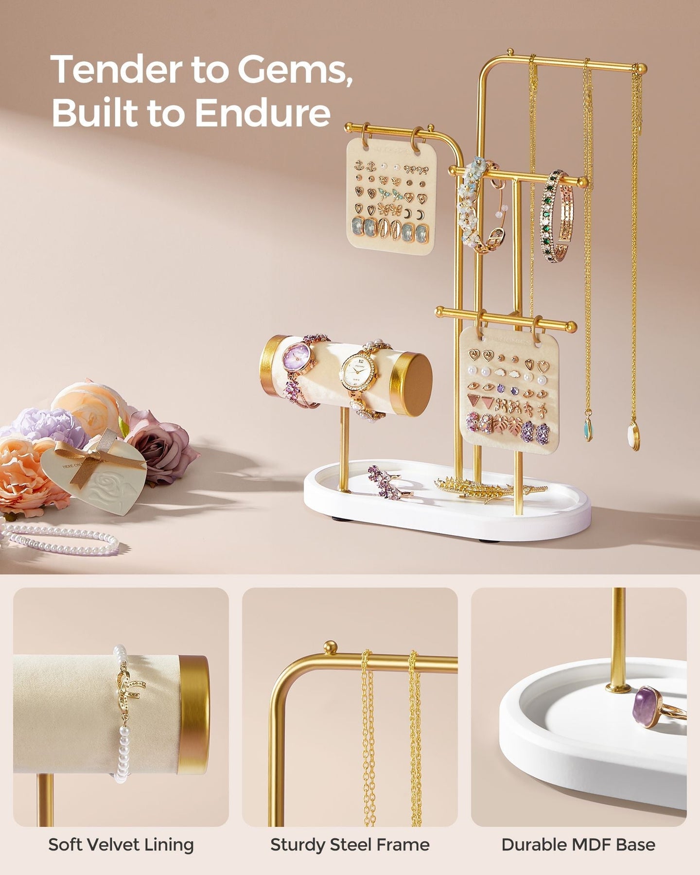 Jewellery Stand - Metal - Metallic Gold - Organiser with 4 Hanging Rods and 2 Earring Boards