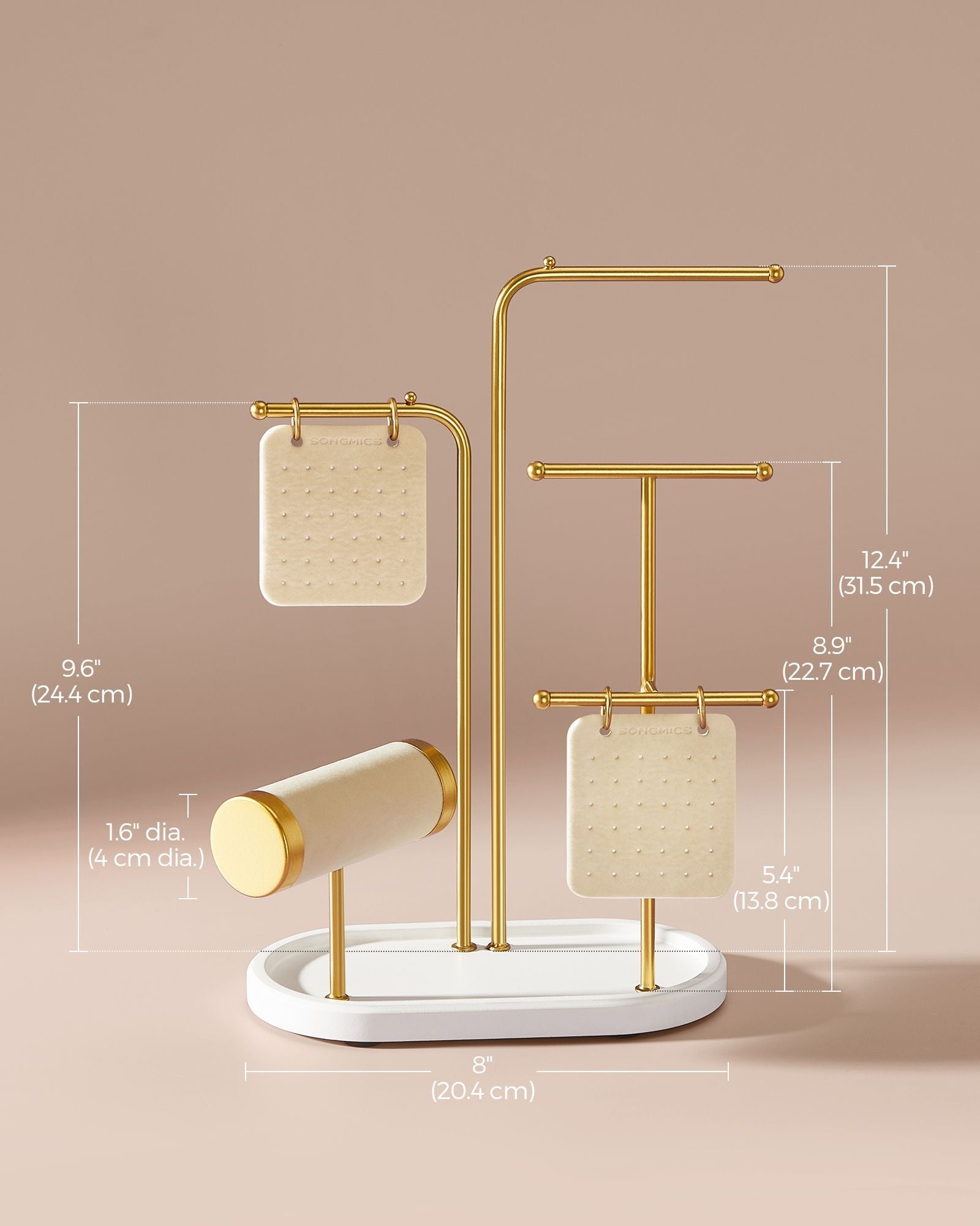 Jewellery Stand - Metal - Metallic Gold - Organiser with 4 Hanging Rods and 2 Earring Boards