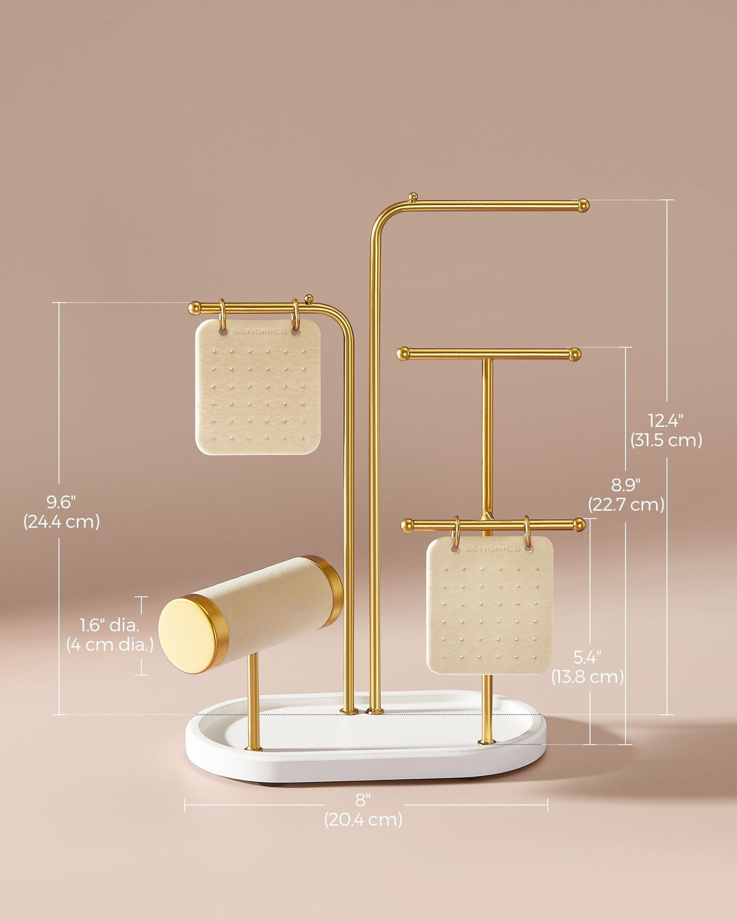 Jewellery Stand - Metal - Metallic Gold - Organiser with 4 Hanging Rods and 2 Earring Boards