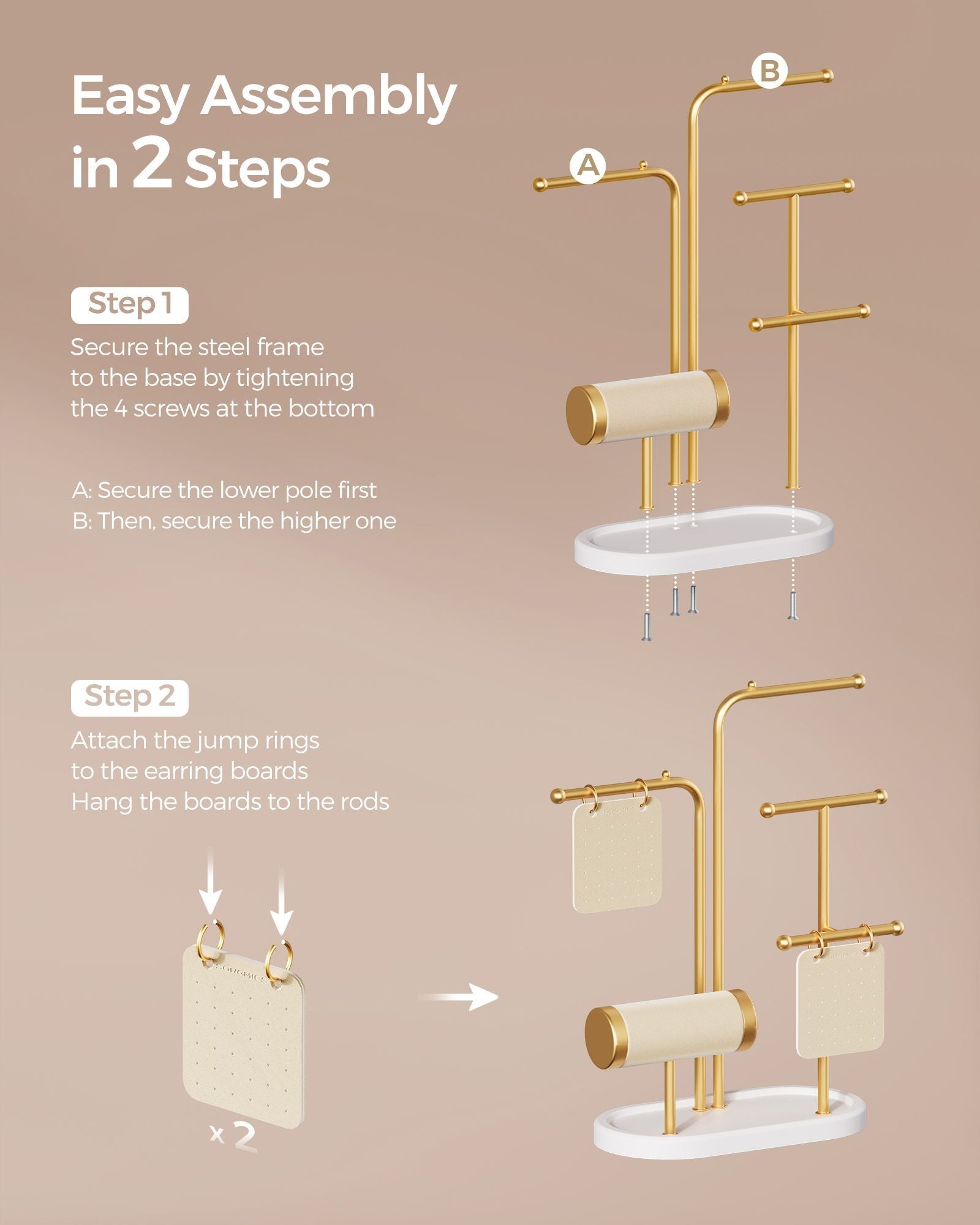 Jewellery Stand - Metal - Metallic Gold - Organiser with 4 Hanging Rods and 2 Earring Boards